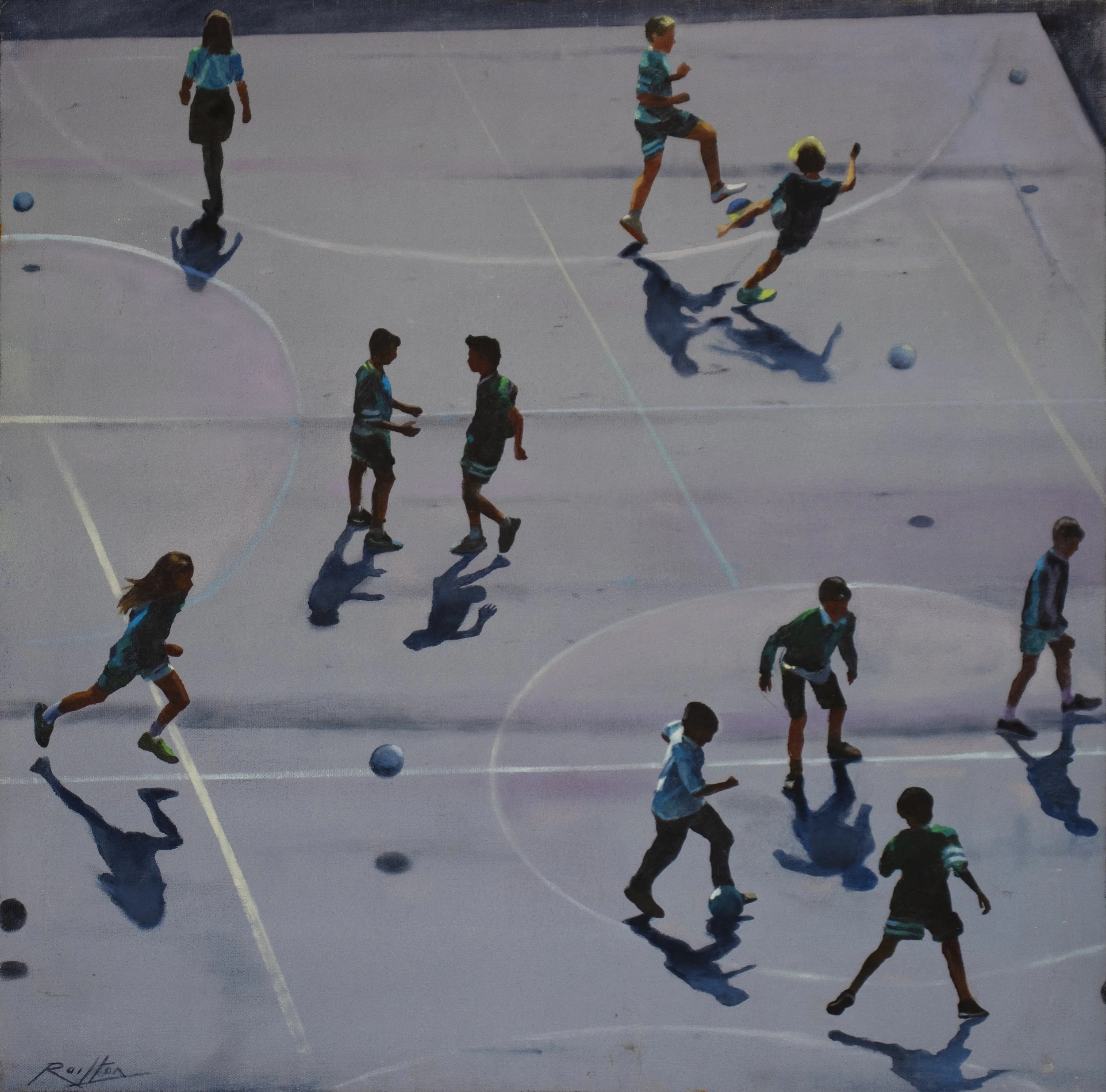 Painting of children playing on an outdoor basketball court, with some children dribbling basketballs and others walking or standing. Shadows of the children are visible on the court.