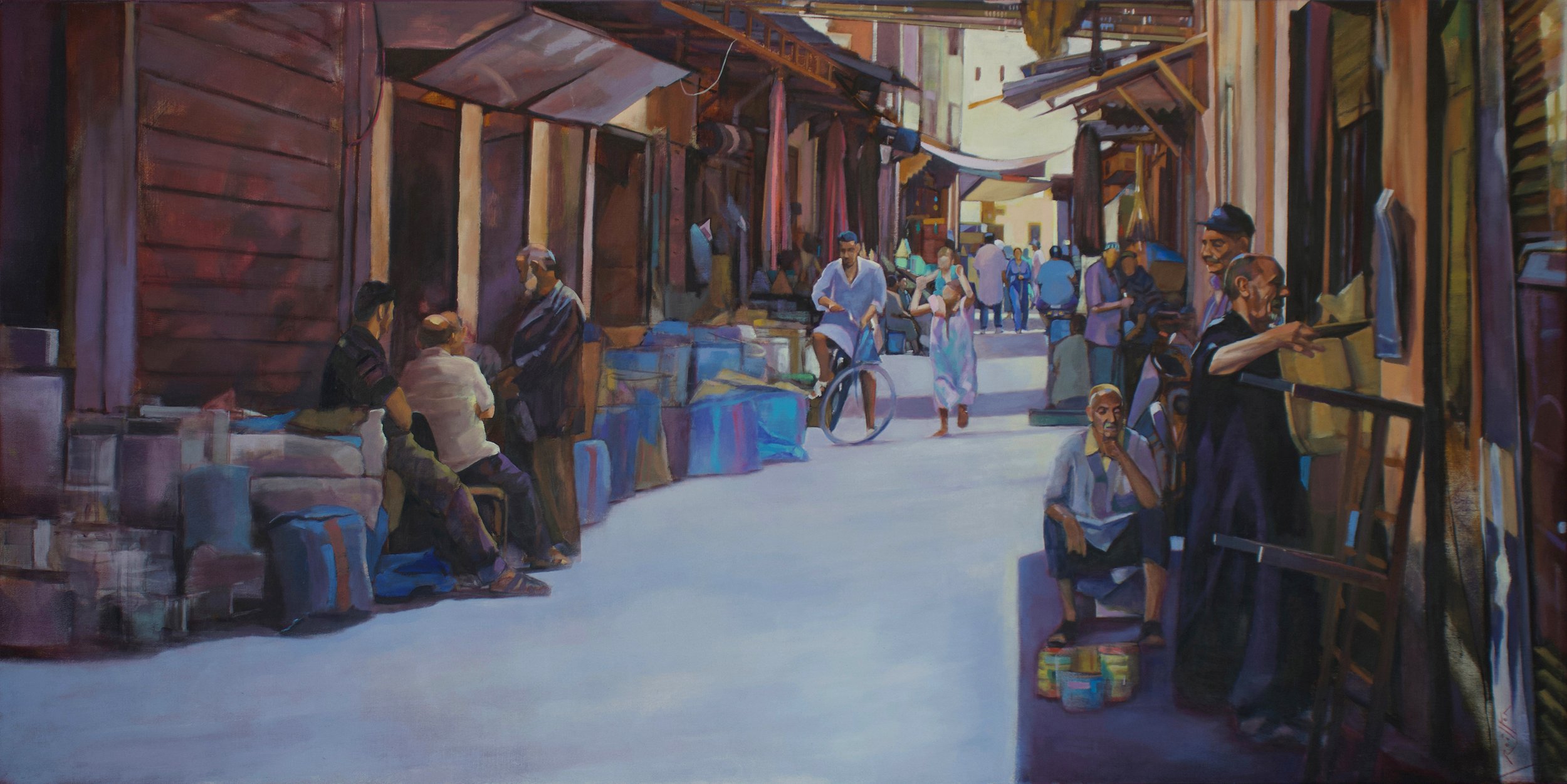 A colorful street scene with vendors selling goods, several people walking, and a person playing the piano, set in a lively marketplace.