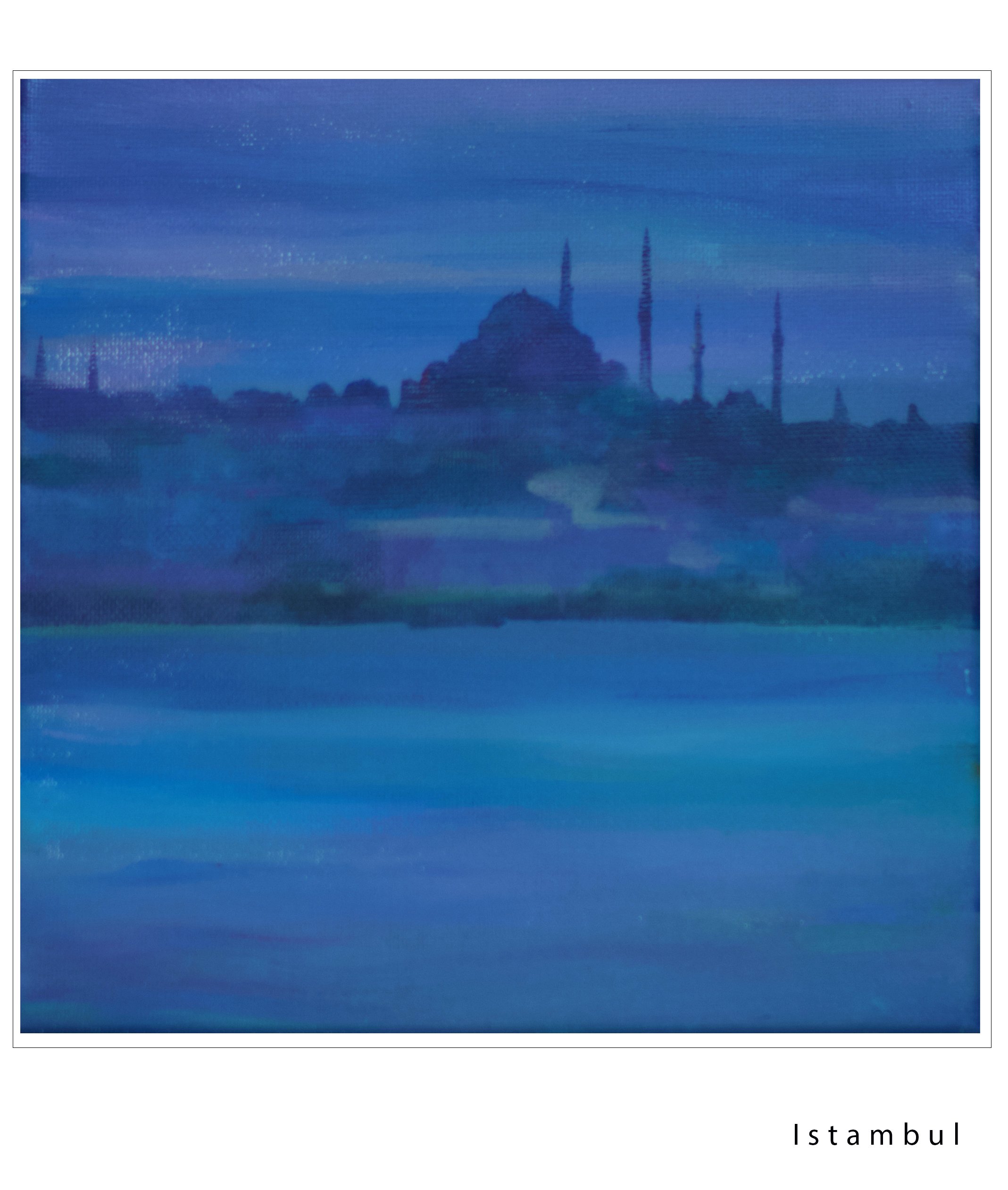 A digital artwork of a blue gradient sky over a silhouette of a cityscape with a famous mosque in Istanbul, Turkey, with the word 'Istanbul' written in lowercase at the bottom right.