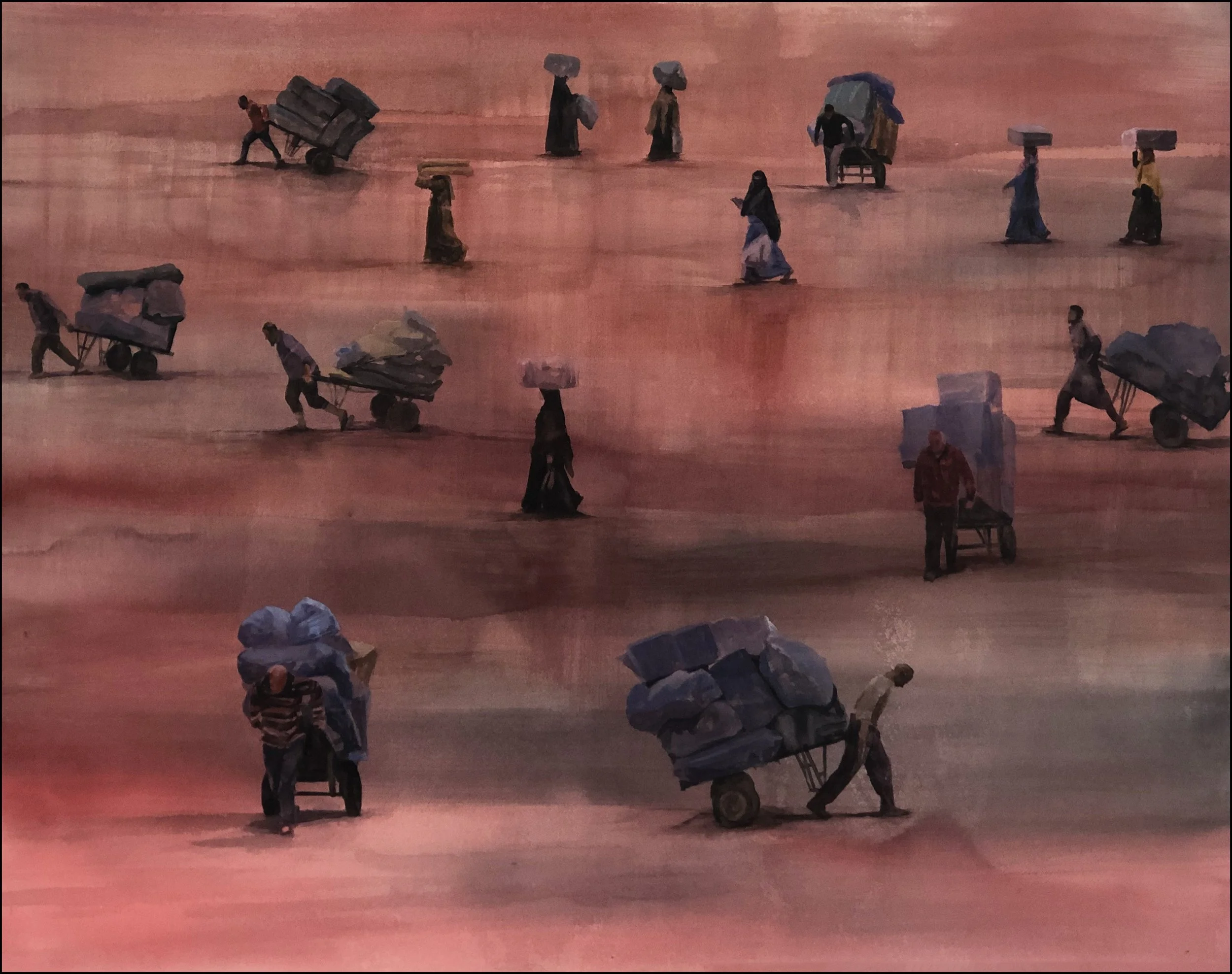 People walking and pushing carts loaded with rocks on a reddish, dusty ground at sunset or sunrise.