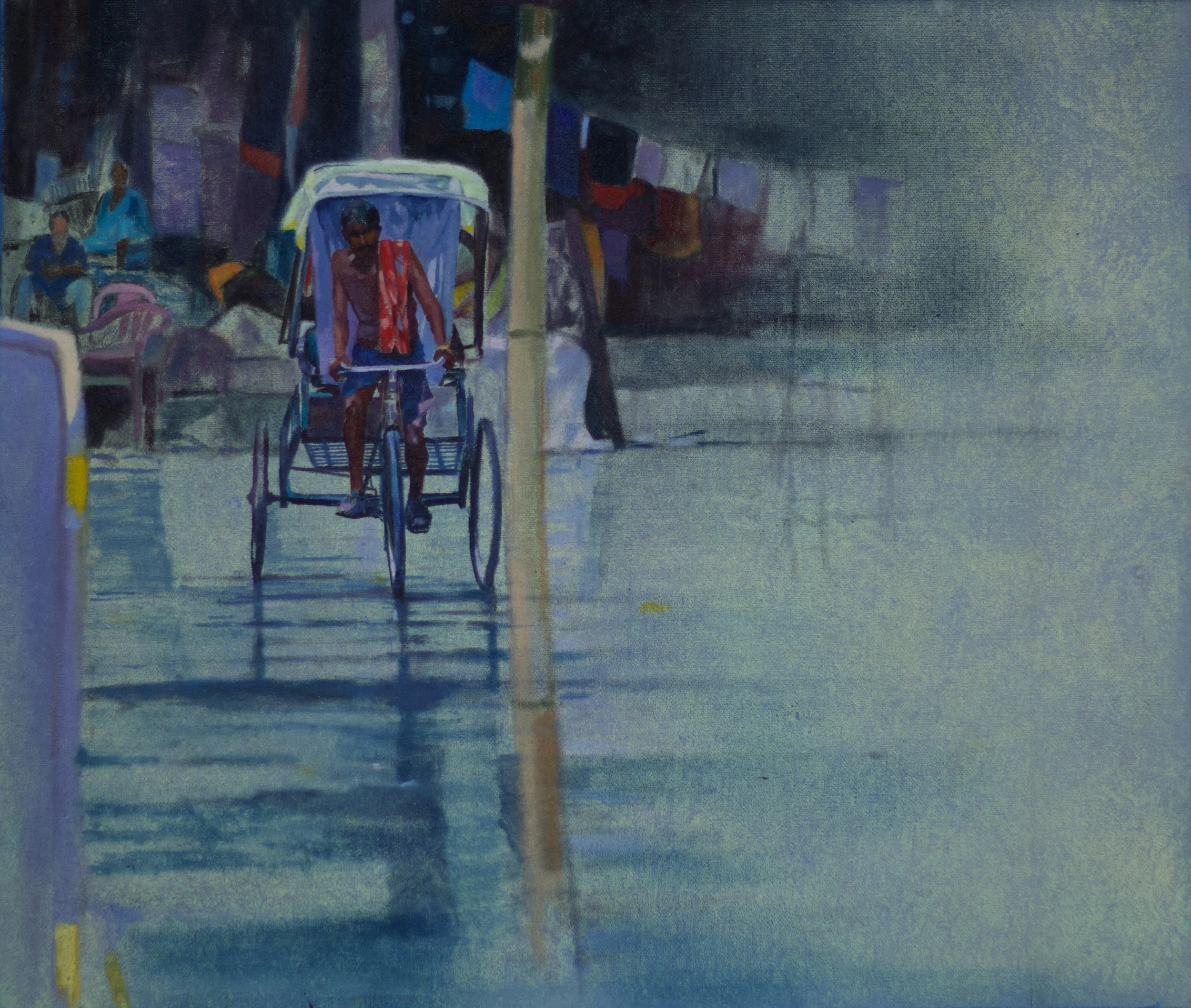 A painting of a city street scene with people, including a woman pushing a stroller, with dark shadows and colorful buildings in the background.