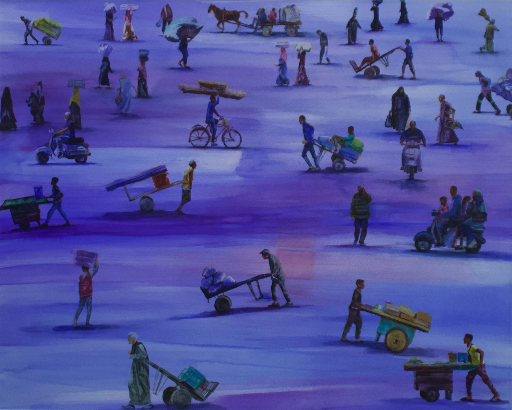 A painting of a busy marketplace with numerous people walking, carrying goods, and riding bicycles or scooters, set against a purple background.