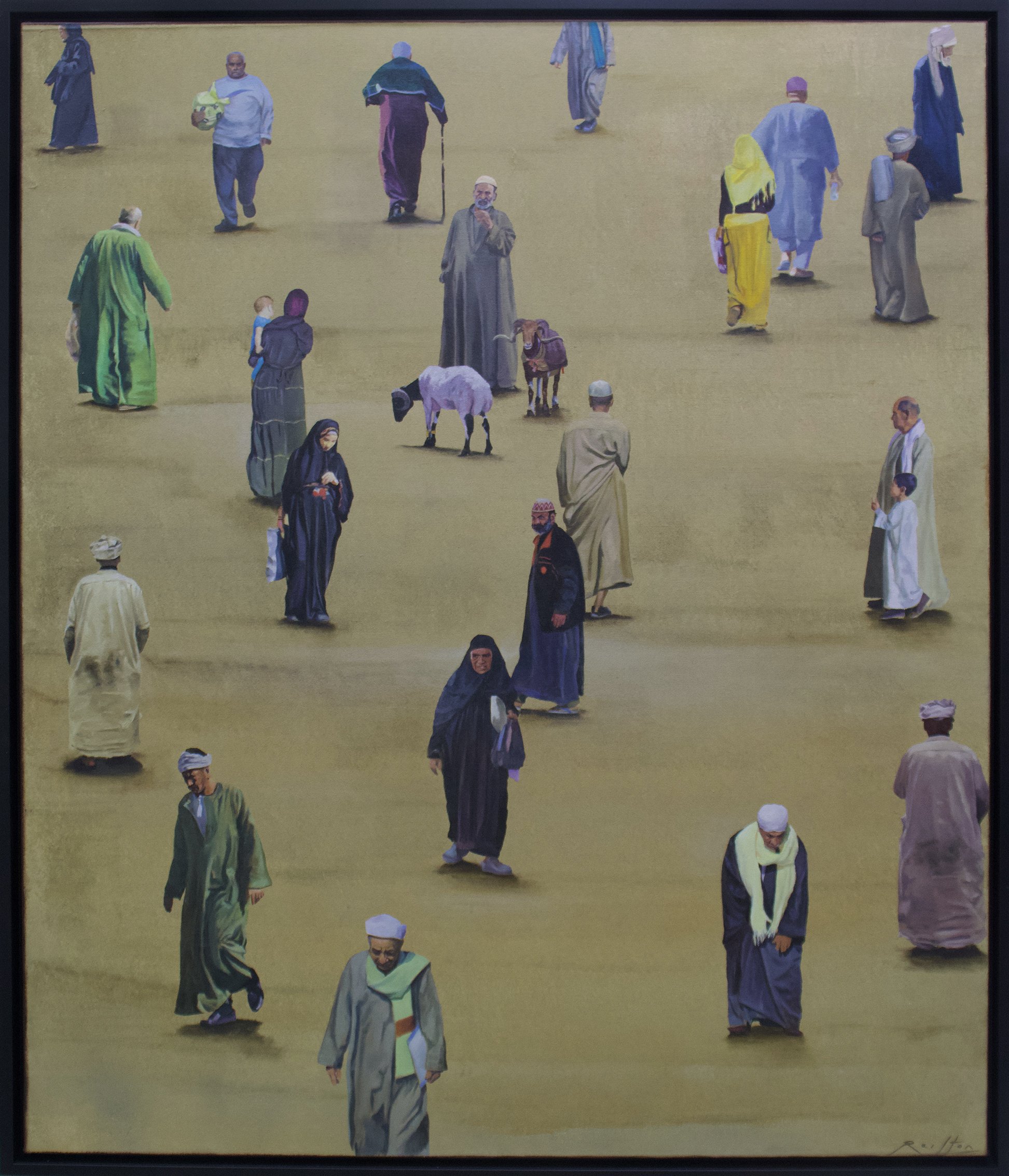 A painting depicting numerous men and women wearing traditional Middle Eastern attire, walking on a yellowish ground. The figures are spaced out, with some wearing head coverings and robes, and engaged in casual activities. The background is plain and the image is framed.