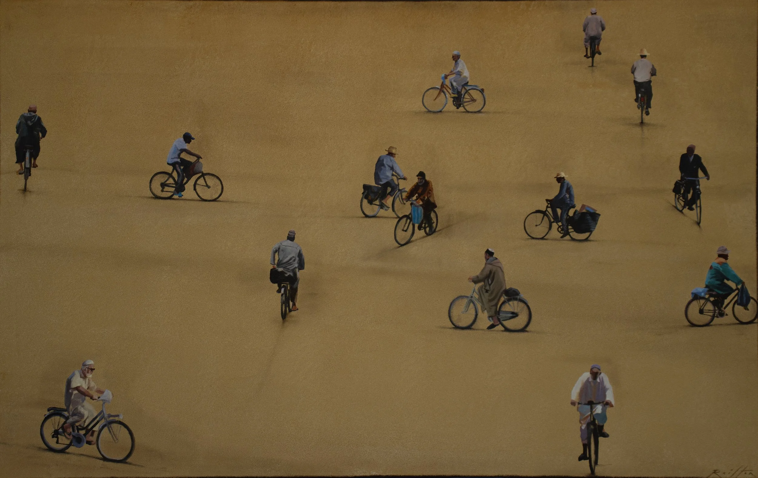 A painting featuring numerous people riding bicycles across a sandy or desert-like landscape, with some individuals wearing hats and casual clothing.