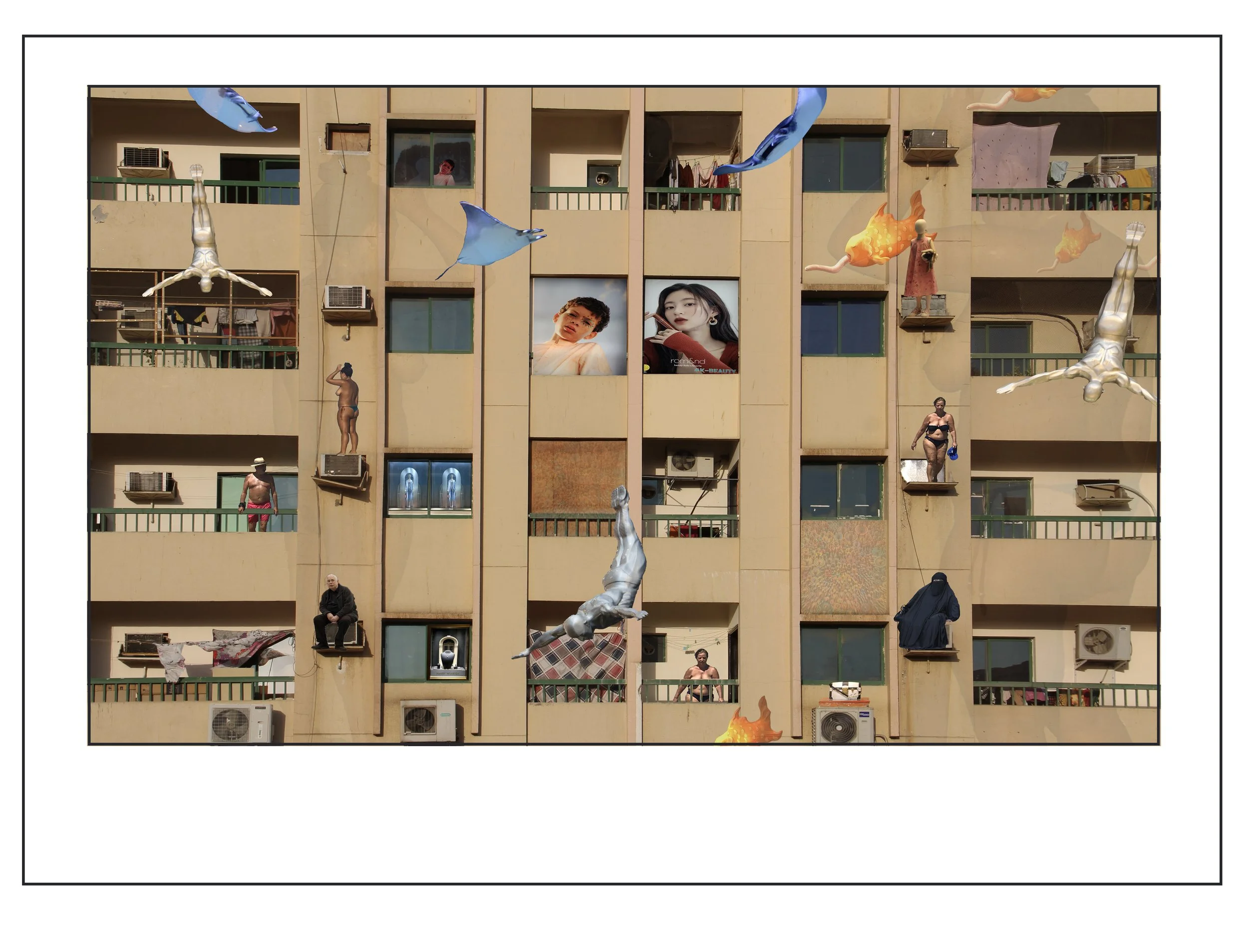 A high-rise apartment building with several open windows and balconies. Various mannequins, some dressed and some not, are positioned on the balconies. Large, colorful, inflatable fish and human figures are also on the balconies. Some windows show people, laundry, and interior details. There are air conditioning units on the building exterior.