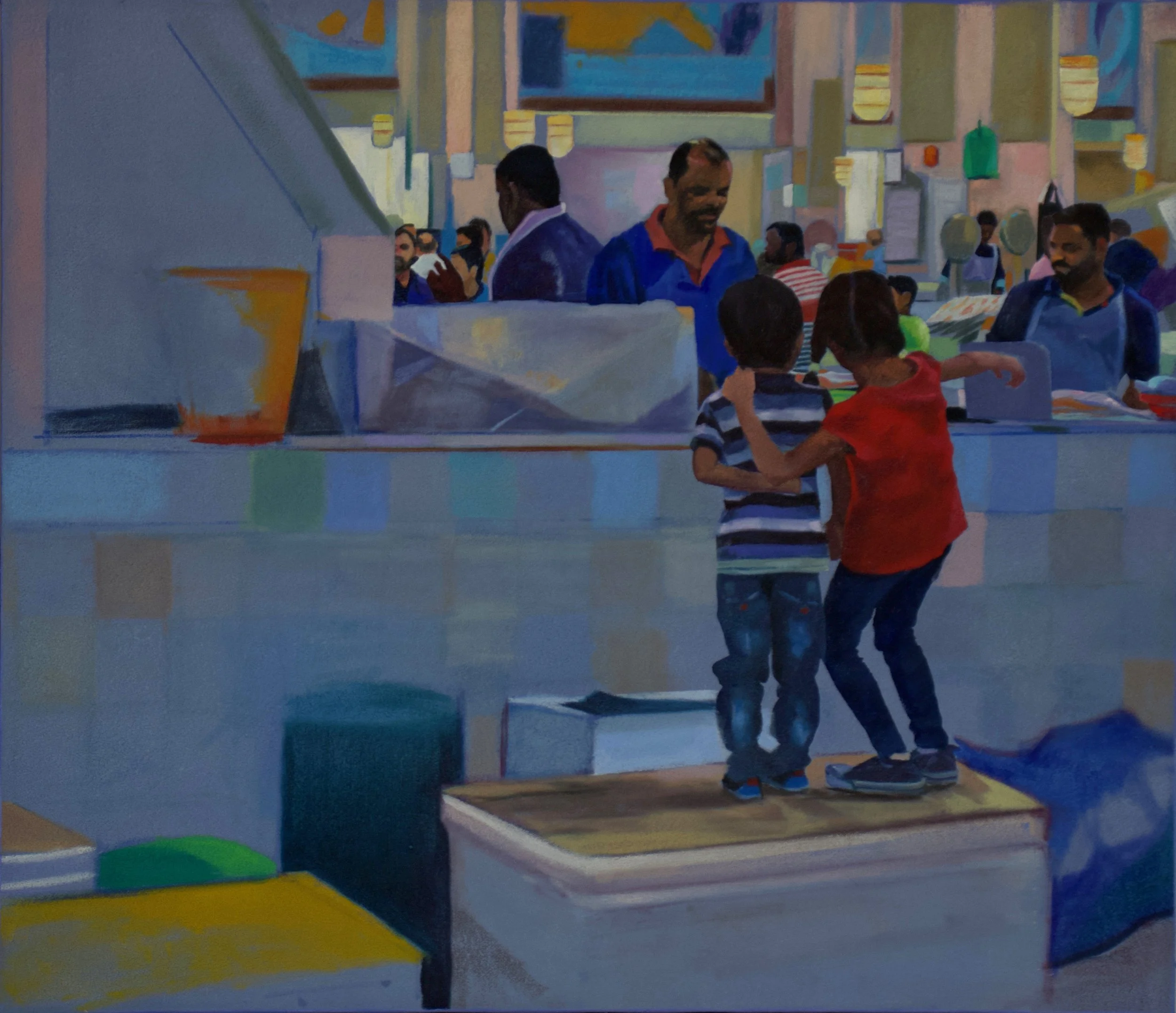 Painting of a lively indoor fishmarket scene with a group of people, two of whom are standing and conversing near a counter, others are seated or walking around in the background.