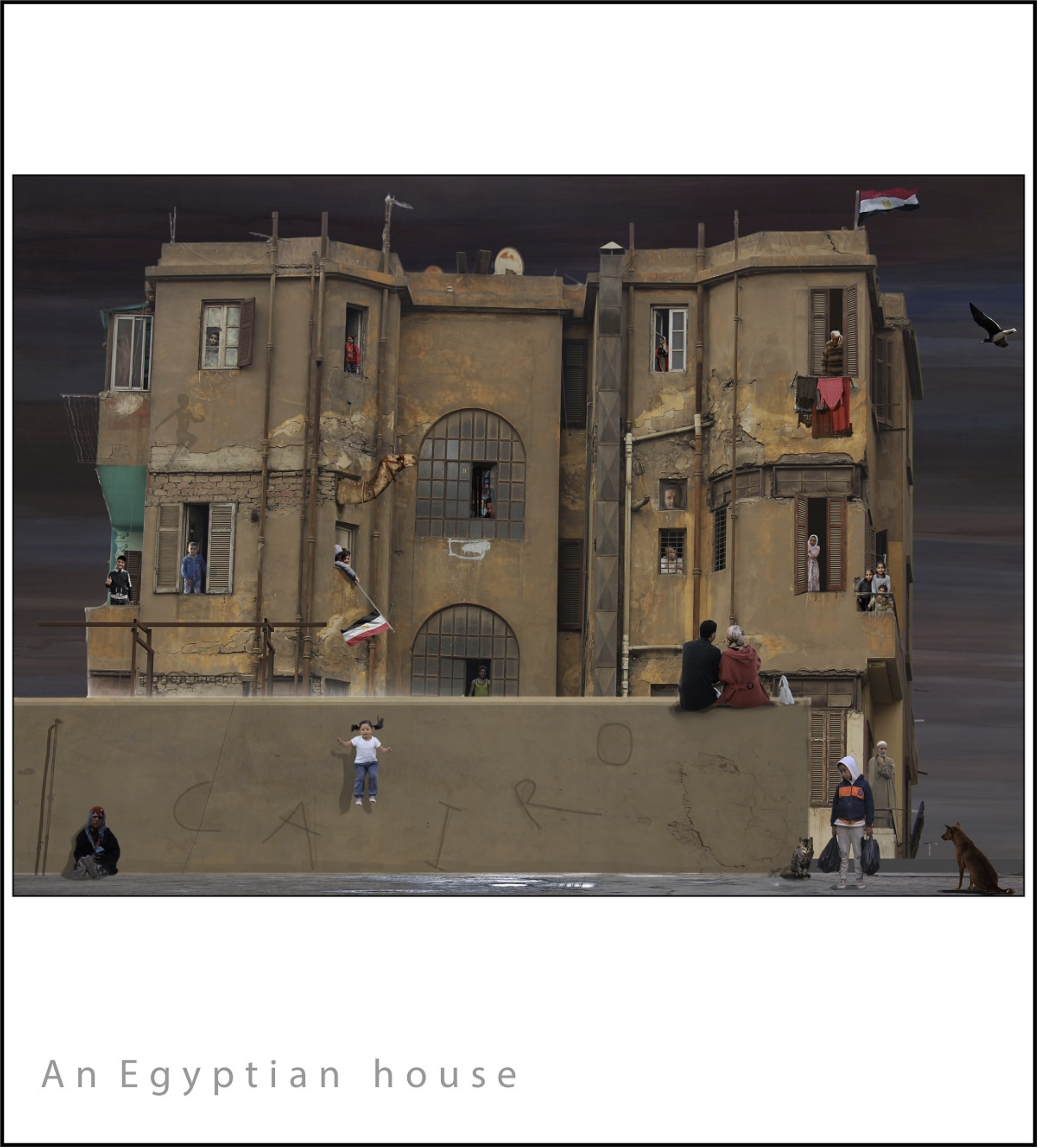 A digitally manipulated installation of an old, weathered Egyptian-style house with multiple floors, windows, and balconies, topped with Egyptian flags and surrounded by people and birds in an urban setting.