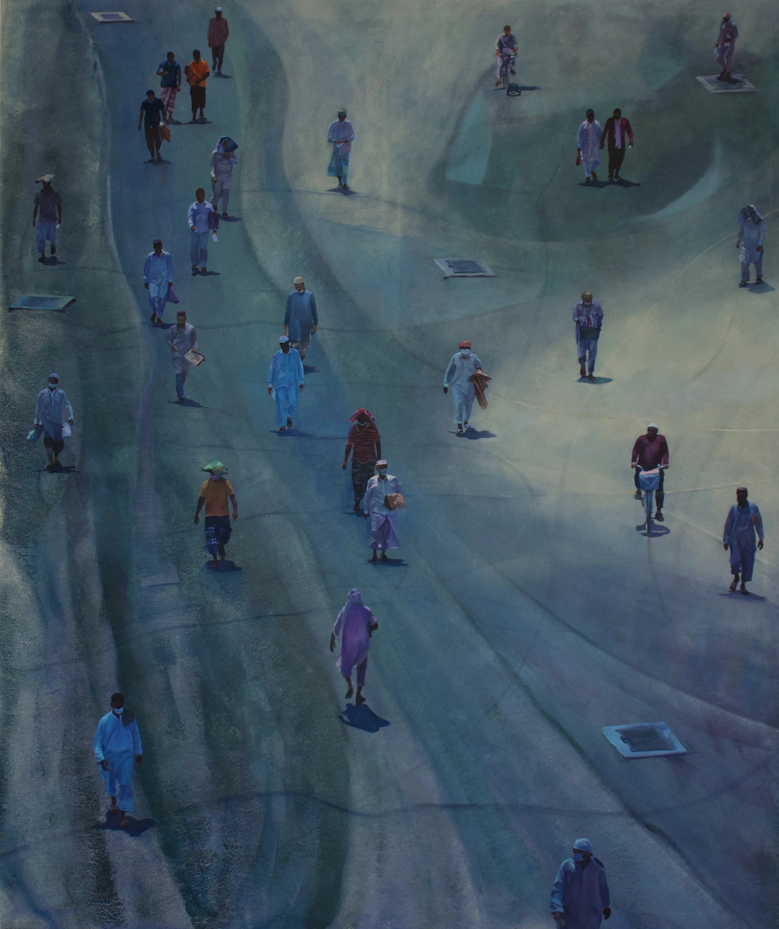 A large outdoor area with multiple people walking and standing, some wearing face masks, under scattered sunlight. The ground has various metal grates or vents, and the scene has shadows cast by the people.