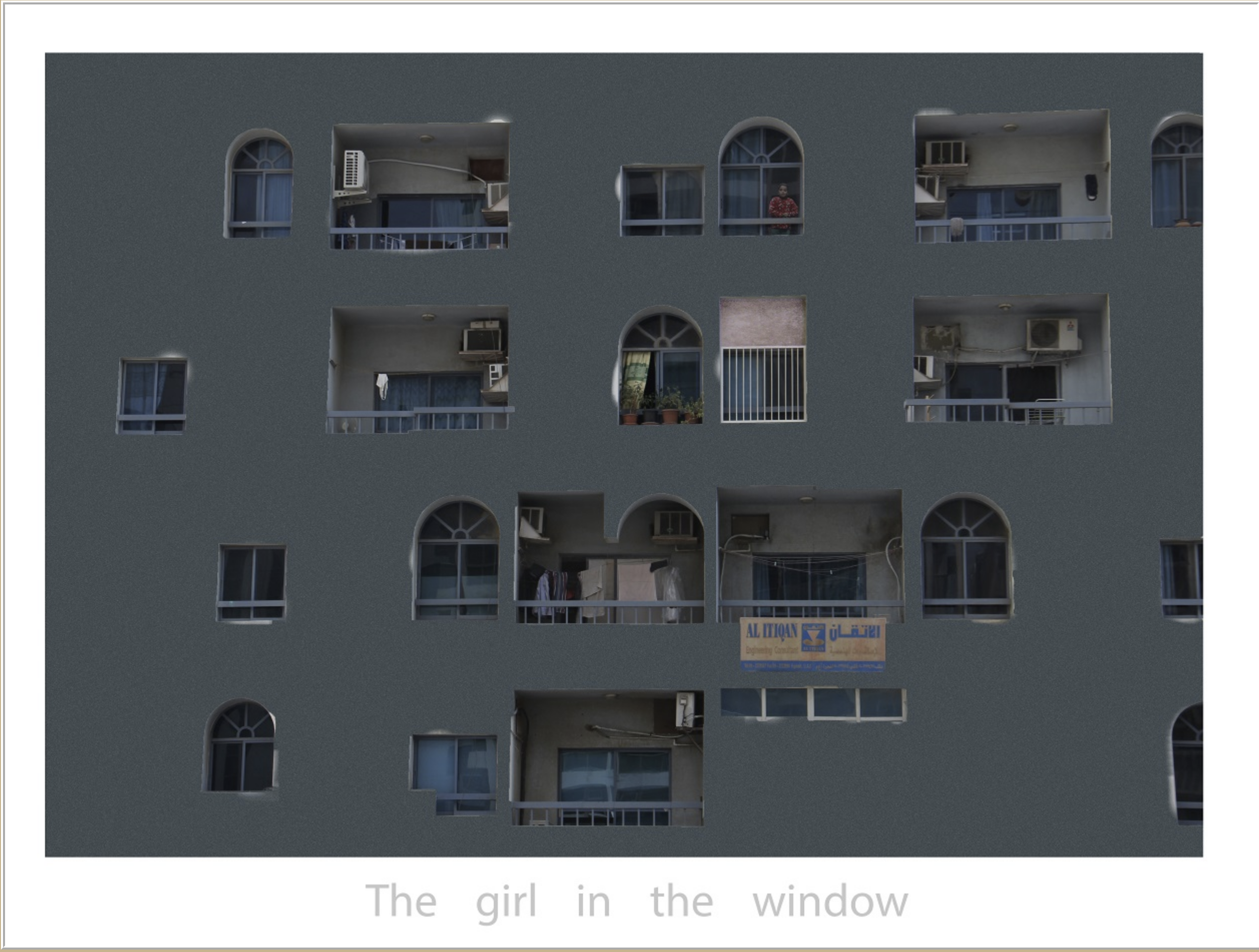 A multi-story apartment building with several balconies visible through cut-out window shapes in the wall. One balcony has a person wearing a red patterned sweater, and another has visible laundry hanging. There is a sign that reads 'AL TION' on the building, and some windows displaying air conditioning units and curtains.