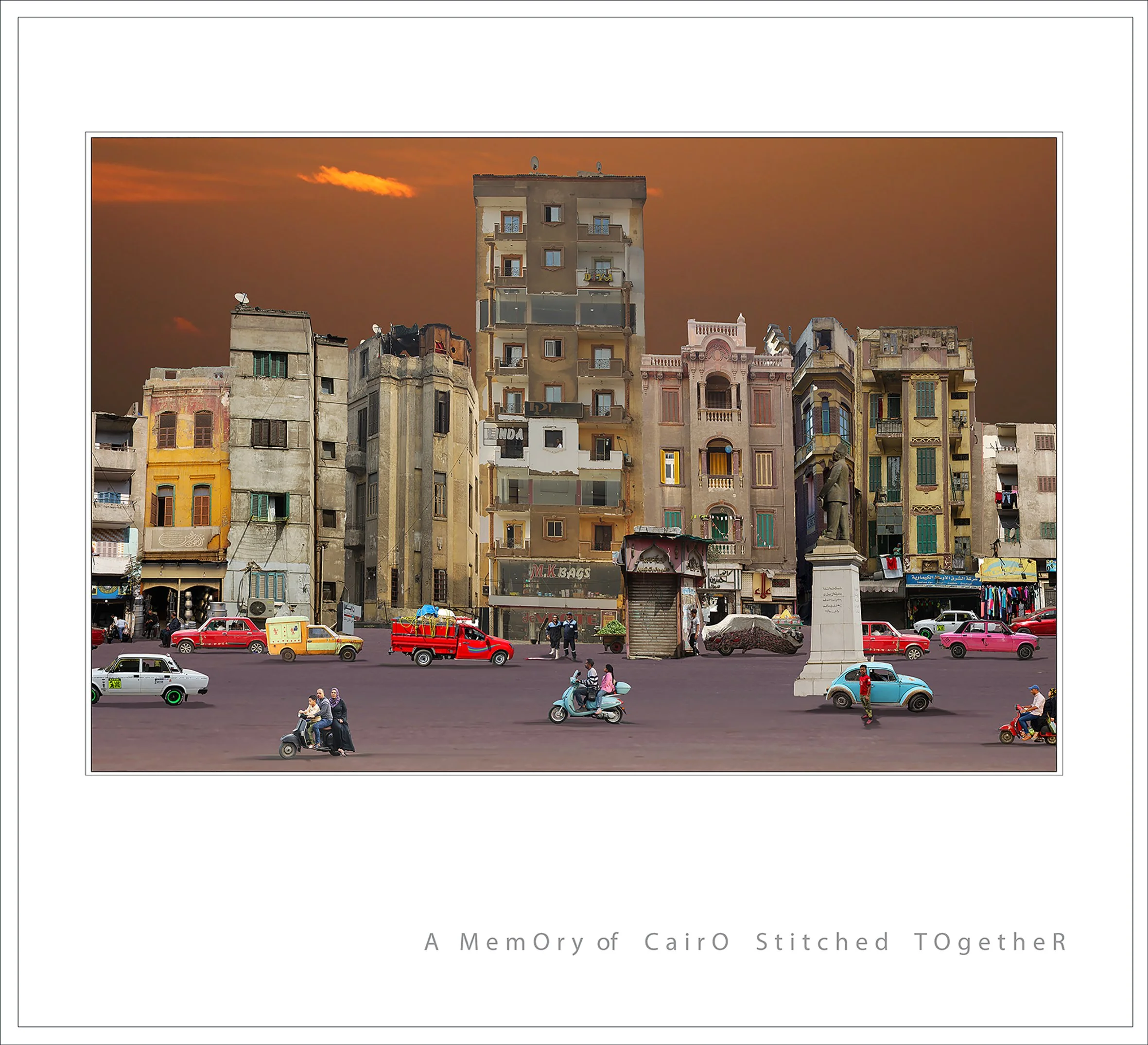 Photo of a busy city street with colorful buildings, cars, motorcycles, and pedestrians during sunset in Cairo.