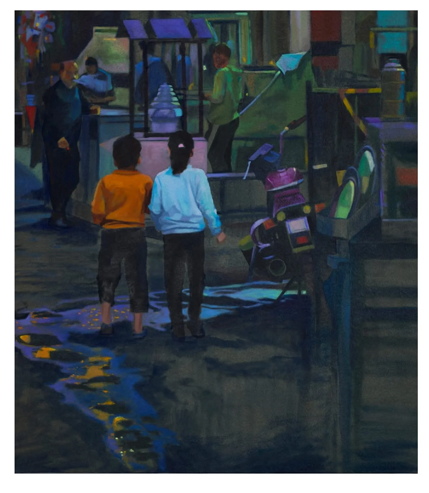 Two children standing in rain looking at an ice cream stand as vendors serve ice cream under colorful umbrellas.