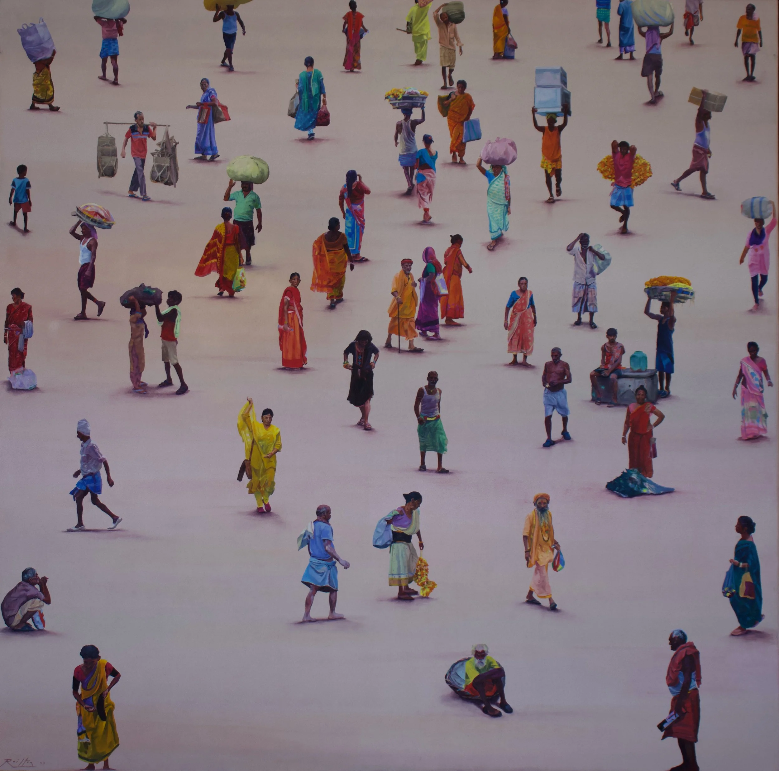 Colorful painting of numerous people walking with some carrying bags or baskets on heads, some with grocery bags in hand, dressed in traditional and modern clothing, walking on a plain background.
