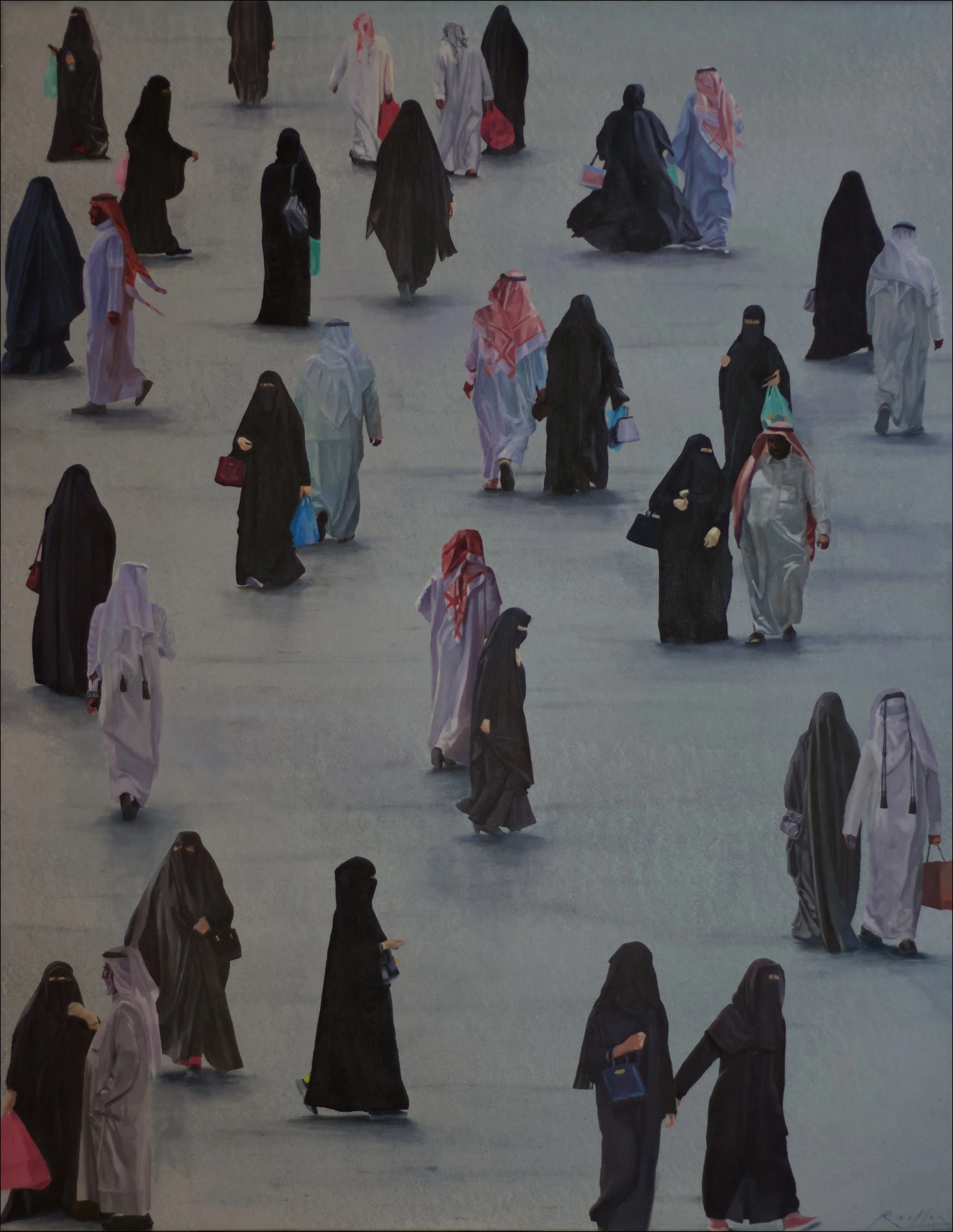 A group of people walking on a wide open space, many dressed in traditional Middle Eastern clothing including black abayas and white thobes, some wearing face coverings, carrying bags, and some wearing headscarves.