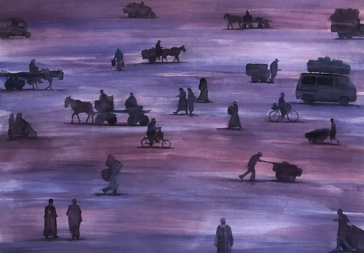 A watercolor painting of a busy market scene in purple hues, with silhouettes of people, horses, carts, bicycles, and a van, set against a purple and pink background.
