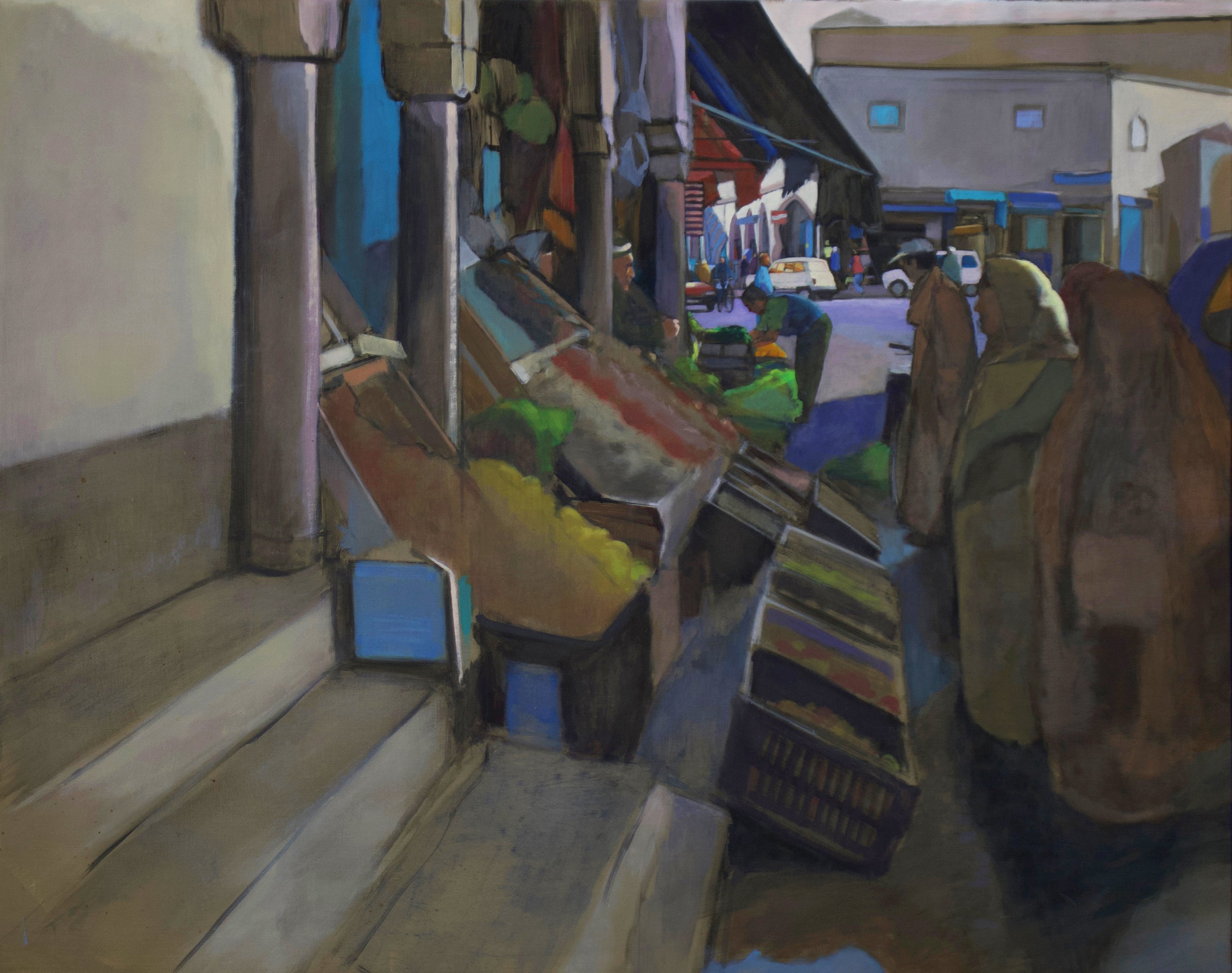 A painting depicting a street scene with people shopping, cars, and colorful buildings under a clear sky.