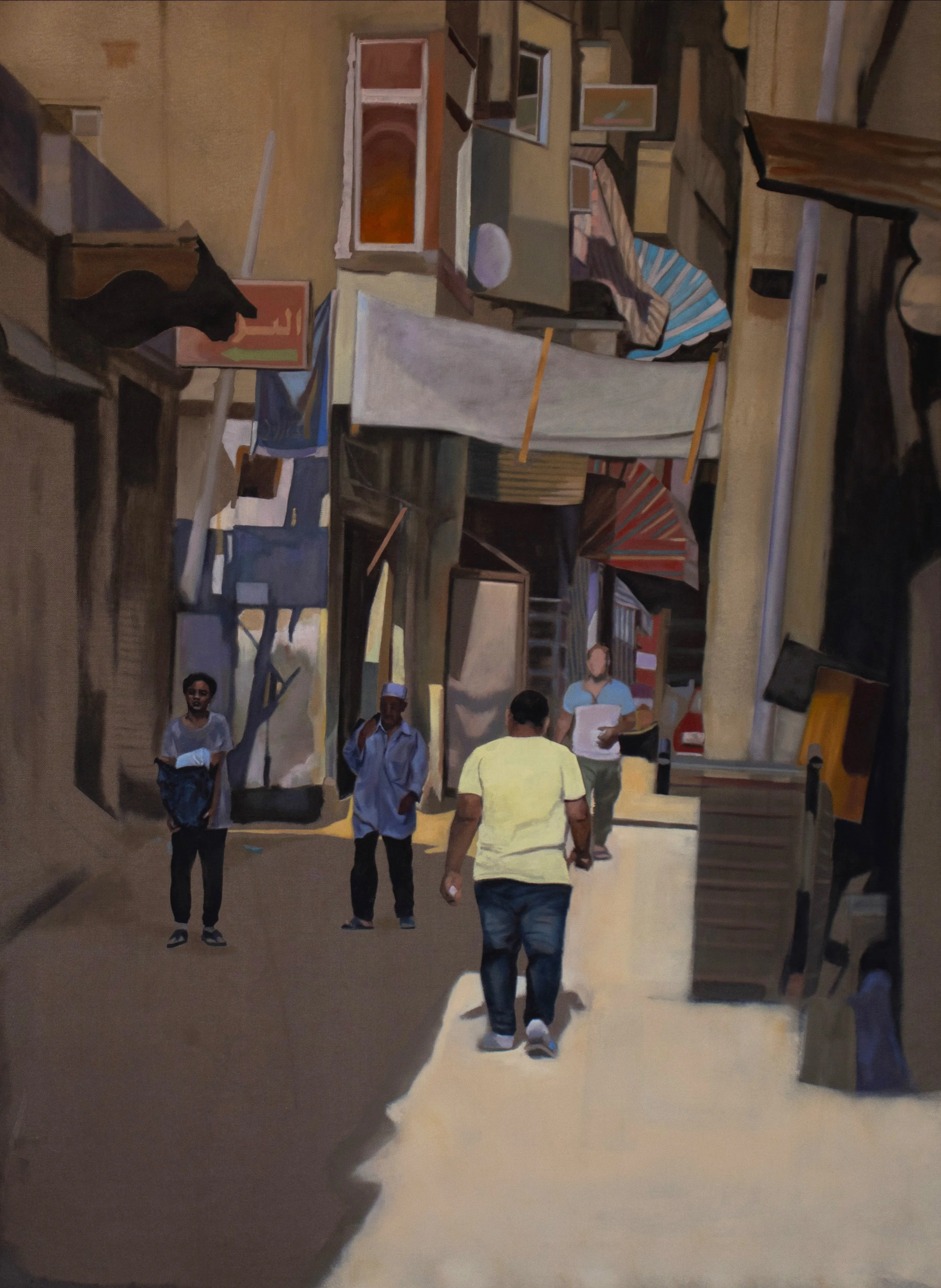 A mural depicting people walking along a street with buildings, windows, and signs painted in a colorful, impressionist style.