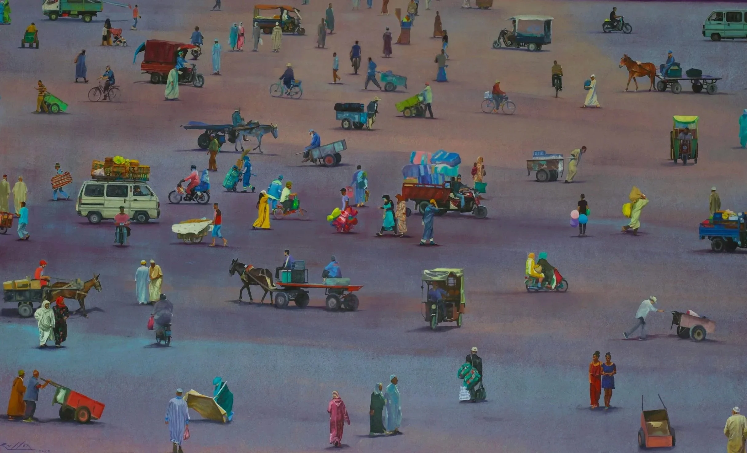 A bustling marketplace with people walking, riding bicycles, motorbikes, rickshaws, and carts. Men and women are dressed in traditional and modern clothing. The ground is open and dusty, with various vehicles and vendors selling goods.