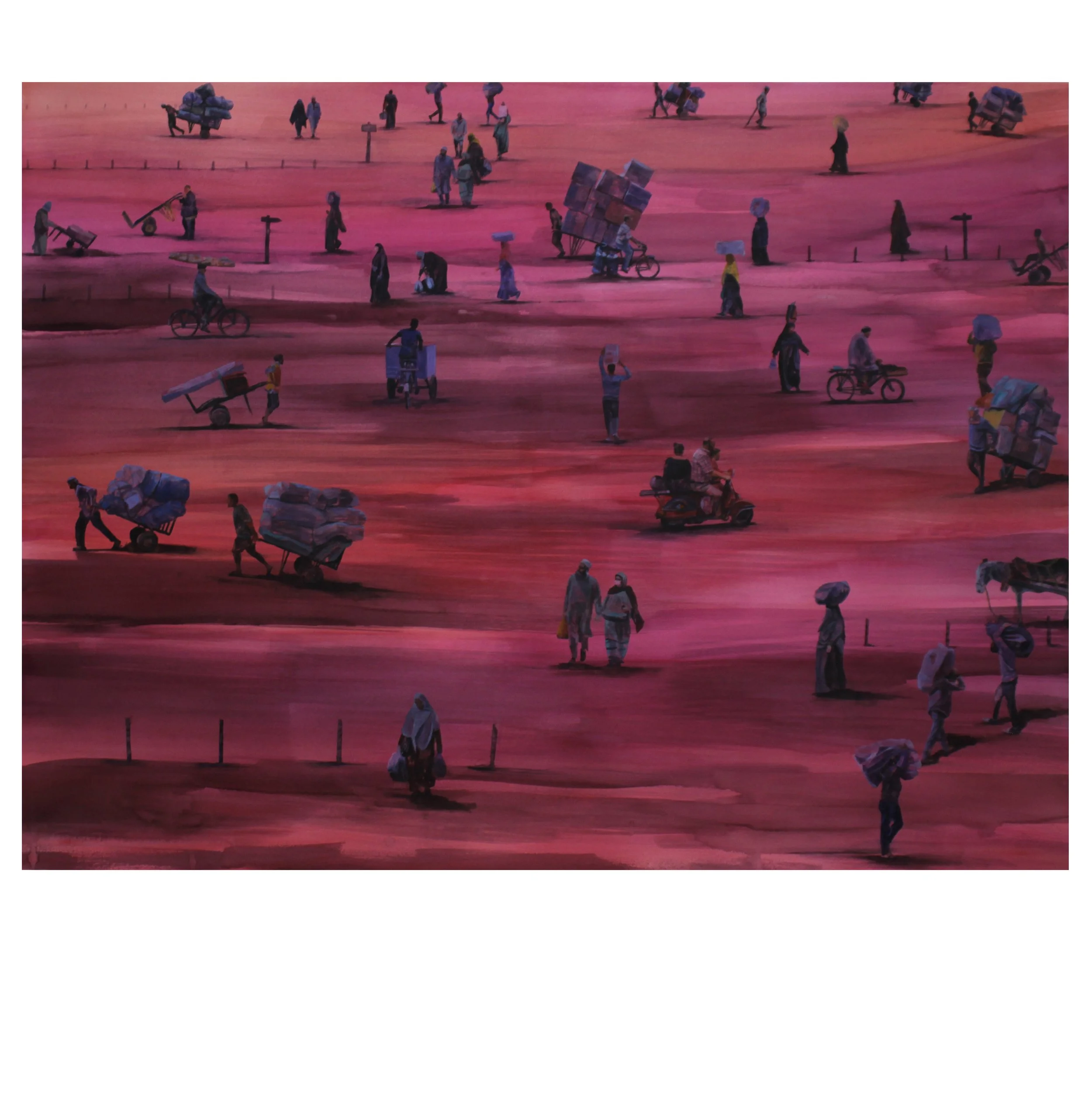 People walking, biking, and pushing carts with items on a pink-colored ground at dusk or dawn.