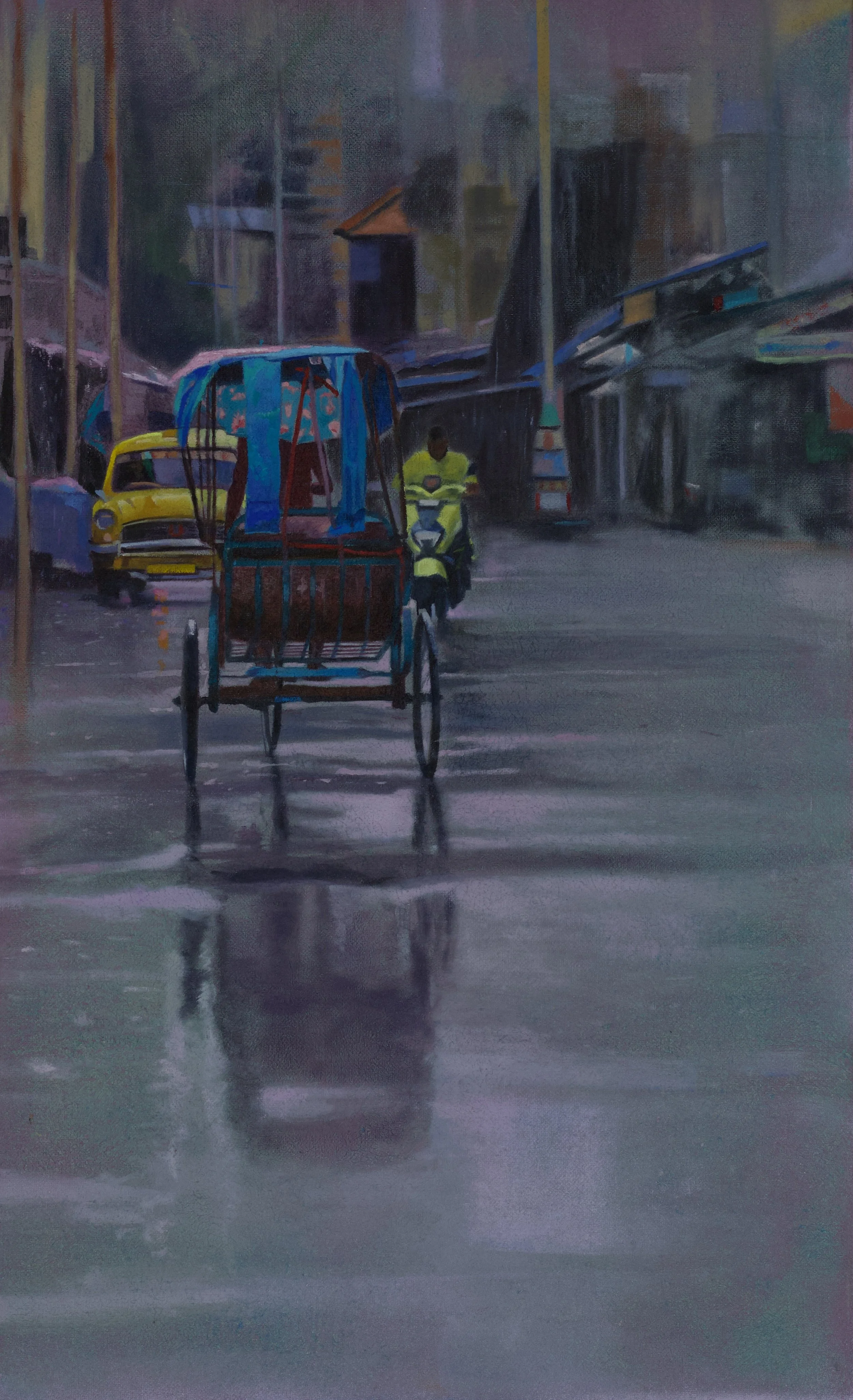 A painting depicts a rainy urban street scene with a person riding a scooter, a cart in the foreground, a parked yellow car, a truck, and buildings in the background.