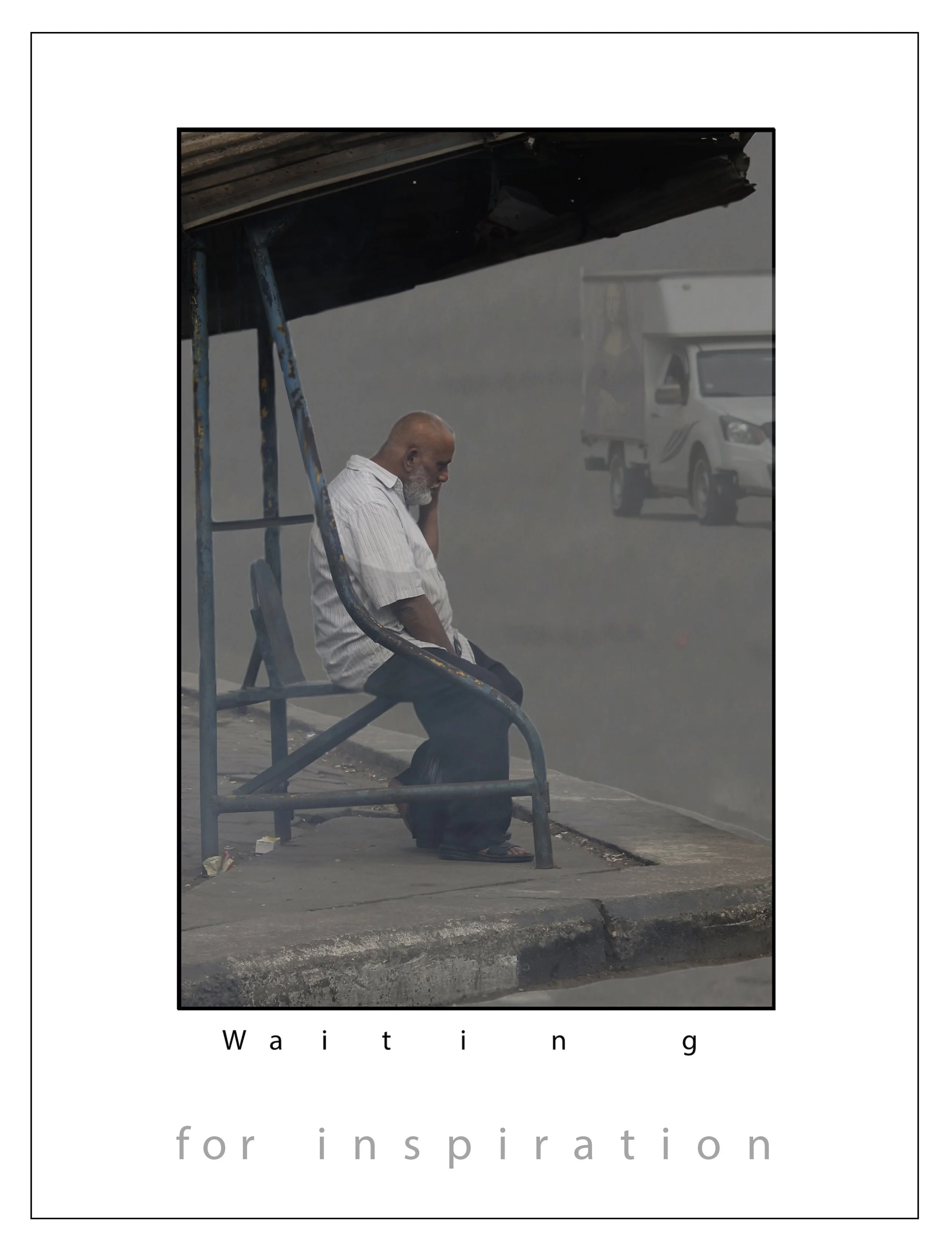 A man with a beard and white shirt sitting alone at a bus stop, looking down with a thoughtful pose, during foggy weather with a delivery truck in the background with the Mona Lisa. The word 'Waiting' is partially visible at the bottom of the image.