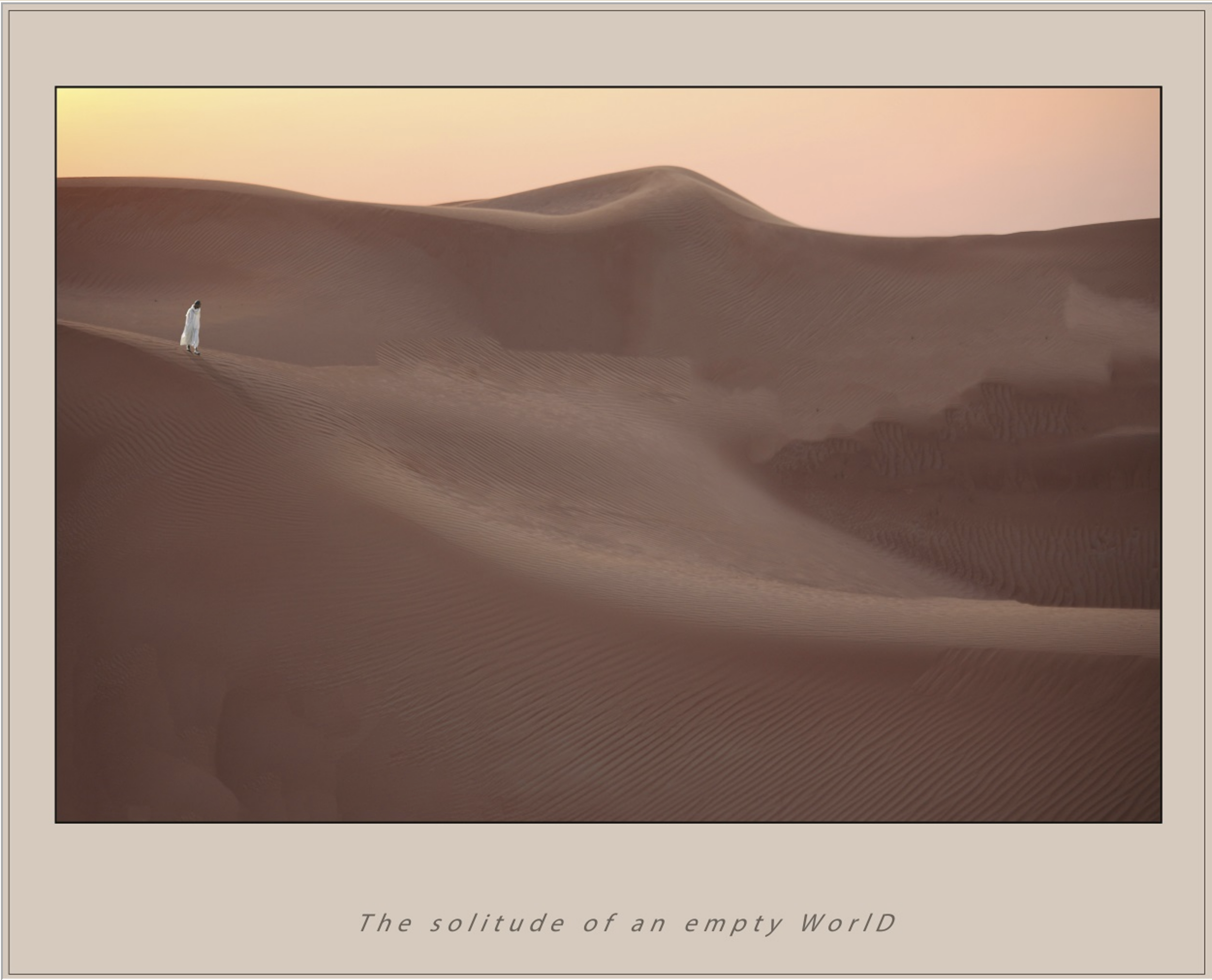 A vast desert landscape with rolling sand dunes under a pastel-colored sky at sunset. There is a lone person dressed in white walking in the sand.