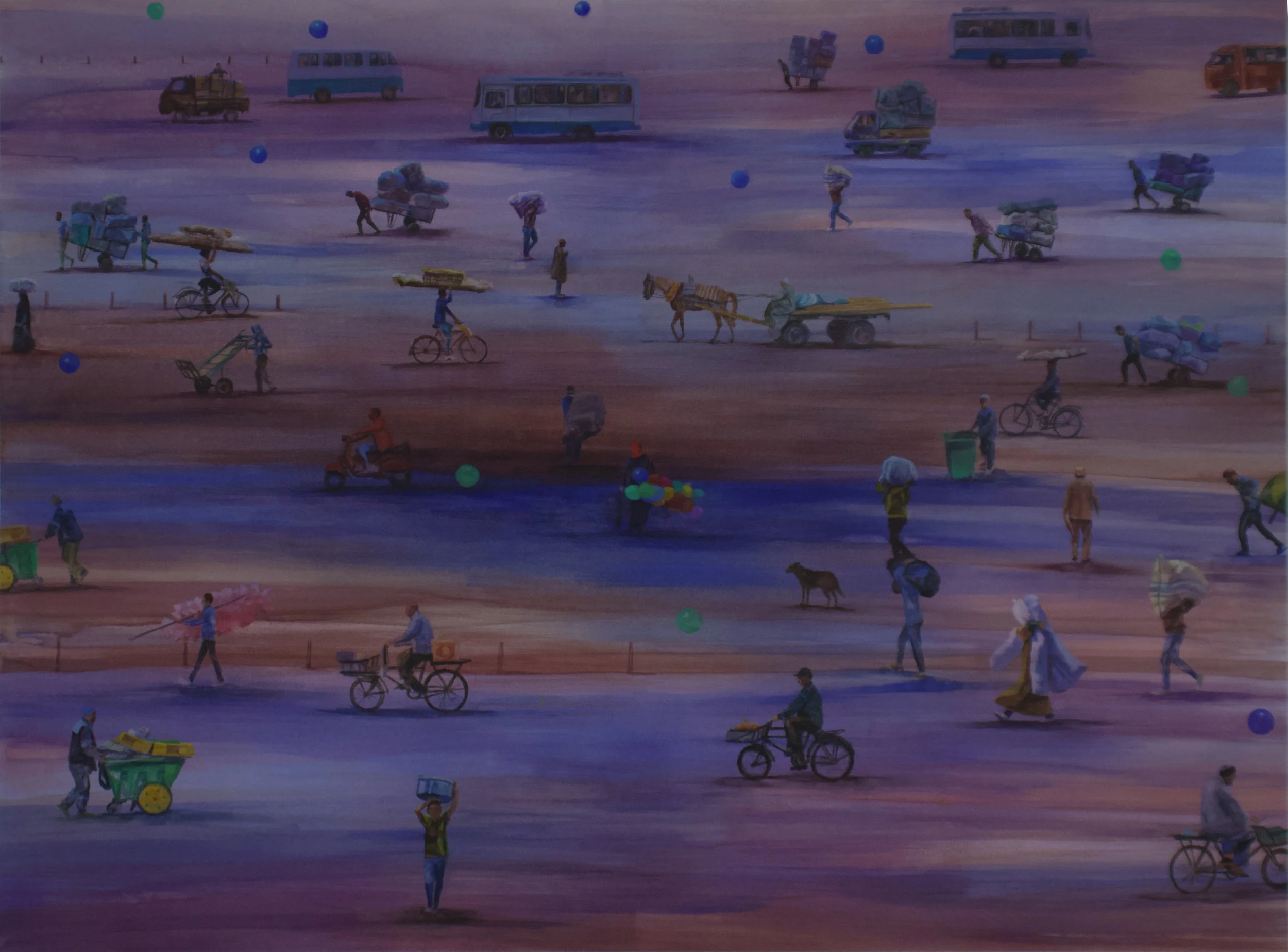 A watercolor painting depicting people walking, riding bicycles, and pushing carts on a colorful, abstract landscape with scattered blue and green balloons and vehicles in the background.