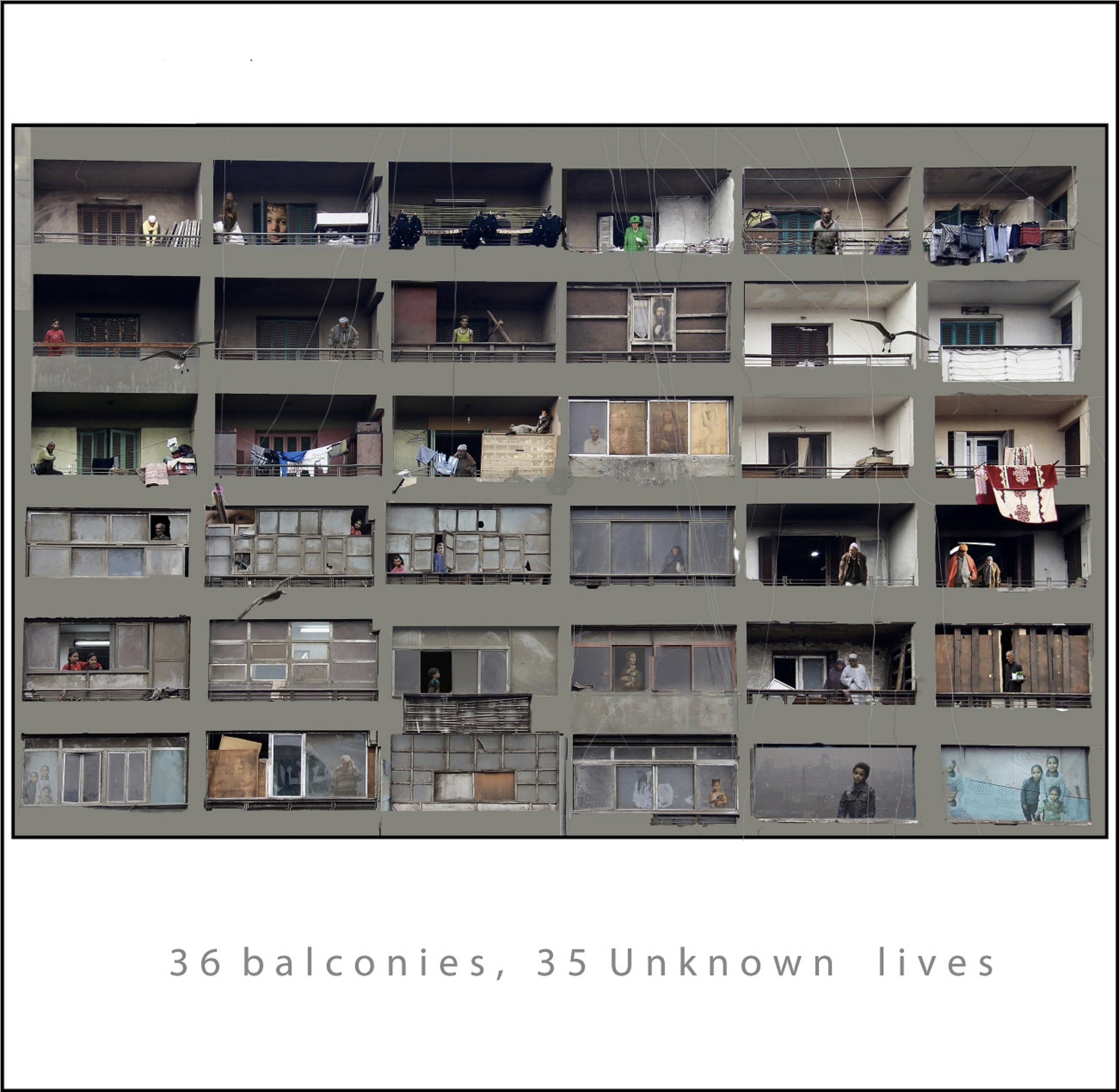 A photograph of a multi-story apartment building with several balconies. Some balconies have laundry hanging and various people standing or sitting, engaging in different activities.