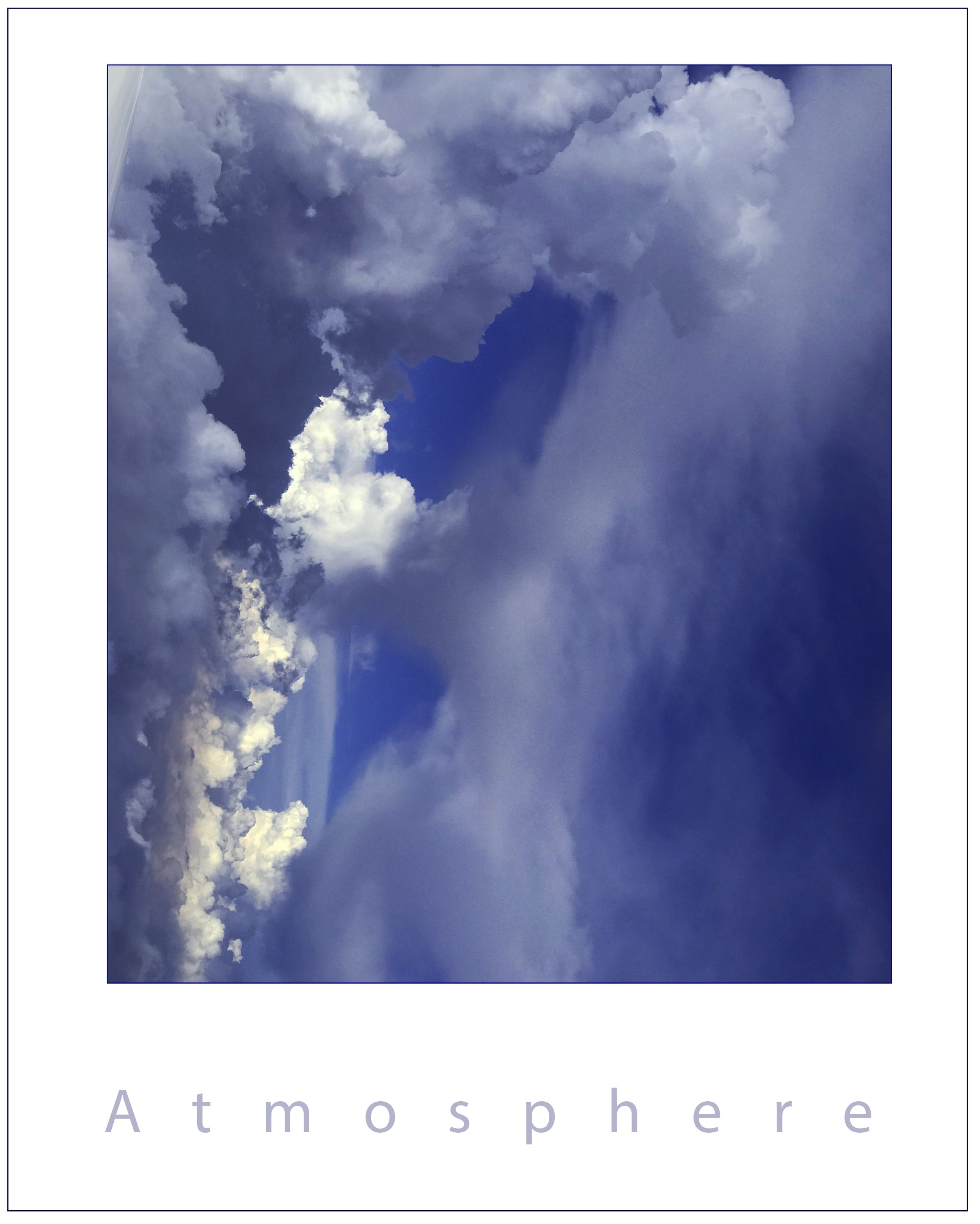 Sky with large, fluffy, white clouds and a hint of blue sky visible. The word 'Atmosphere' is written in large, light purple letters below the sky image.