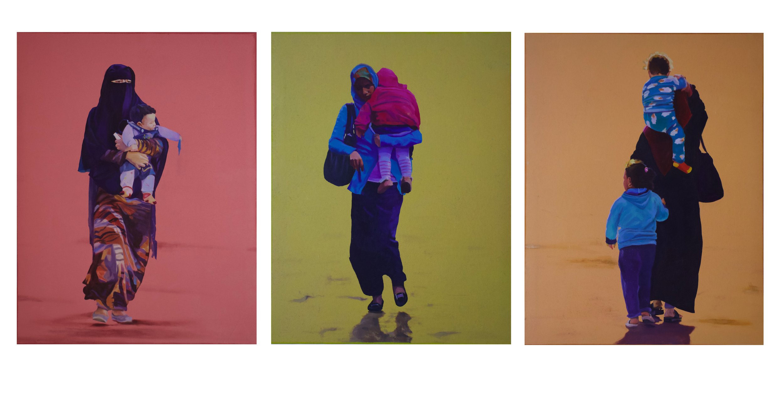 Triptych of women carrying children on their backs against colorful backgrounds.