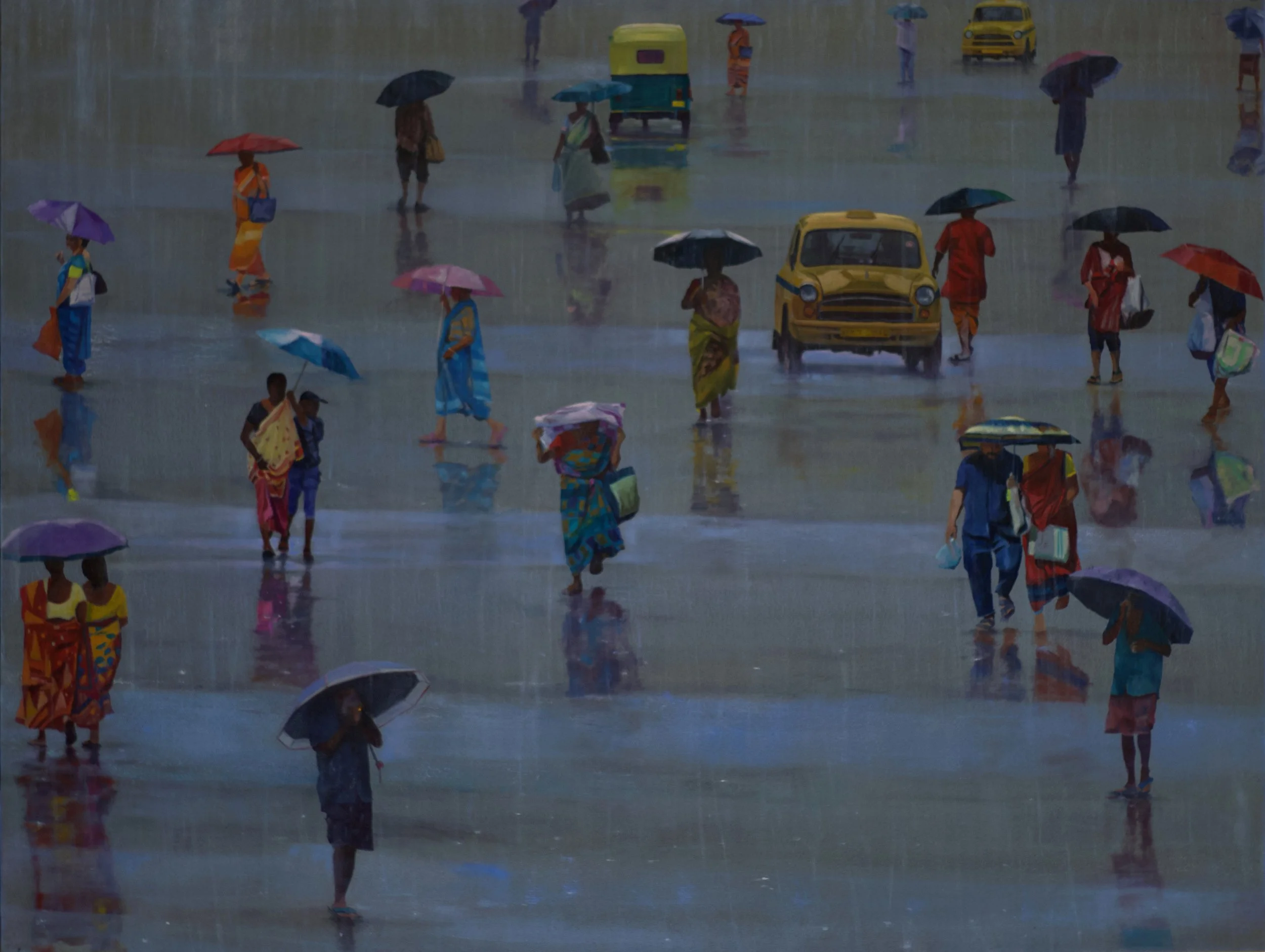 People walking with umbrellas in a flooded street during a rainstorm.