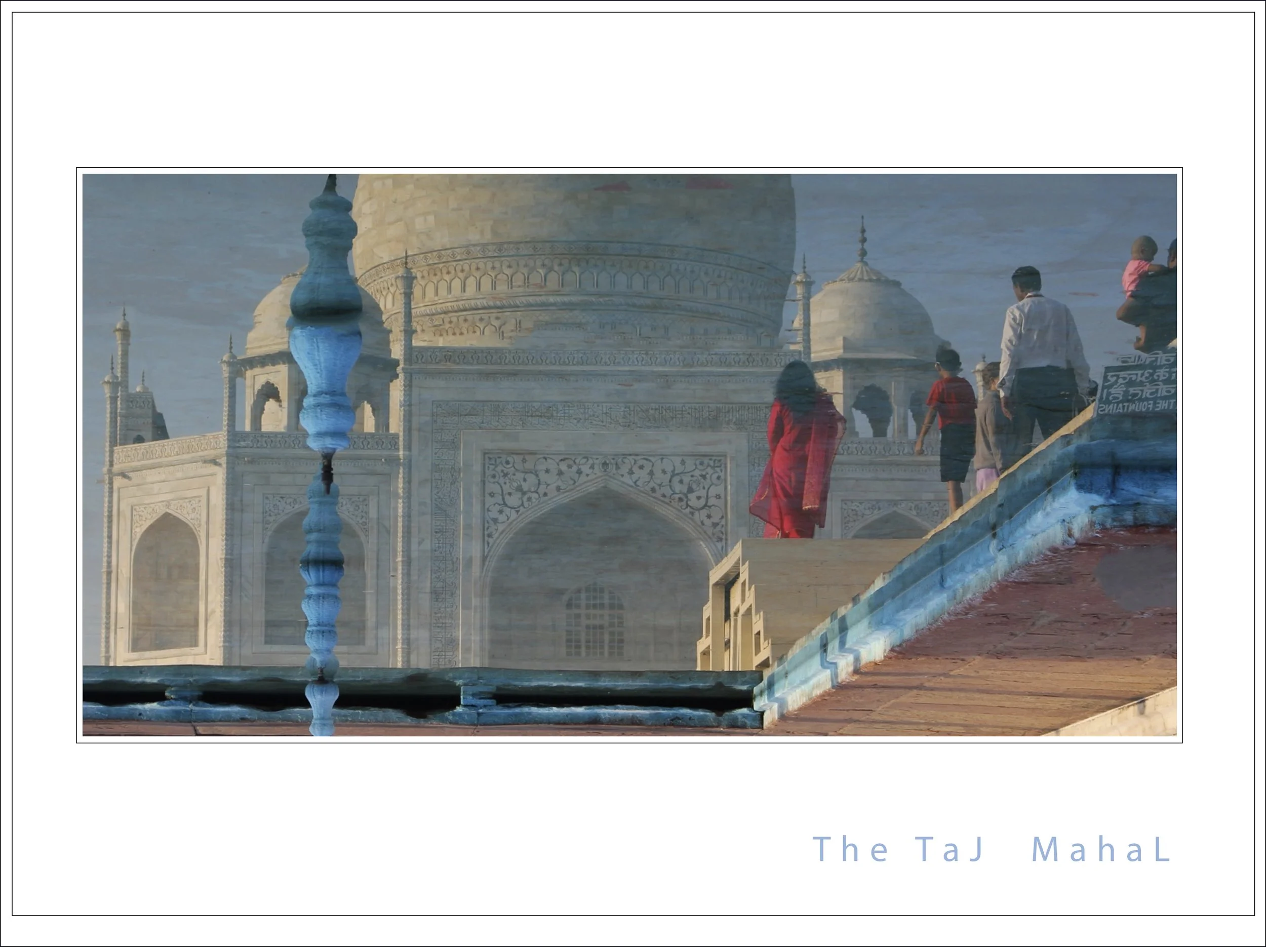 The Taj Mahal with people walking near a fountain in the foreground during daylight.
