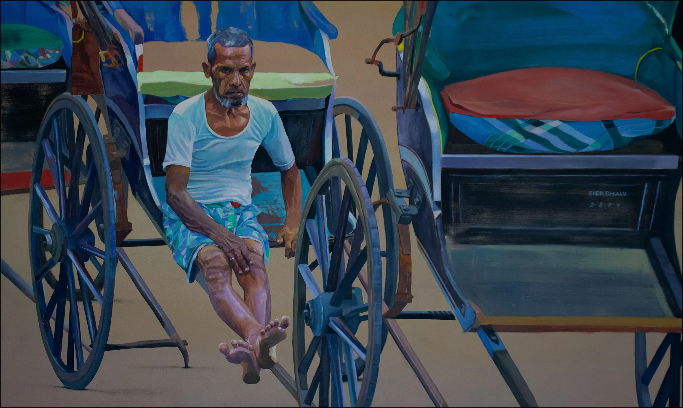 A painting of an elderly man with gray hair and a beard sitting in a wheelchair next to a parked wheelchair with a colorful blanket on it.