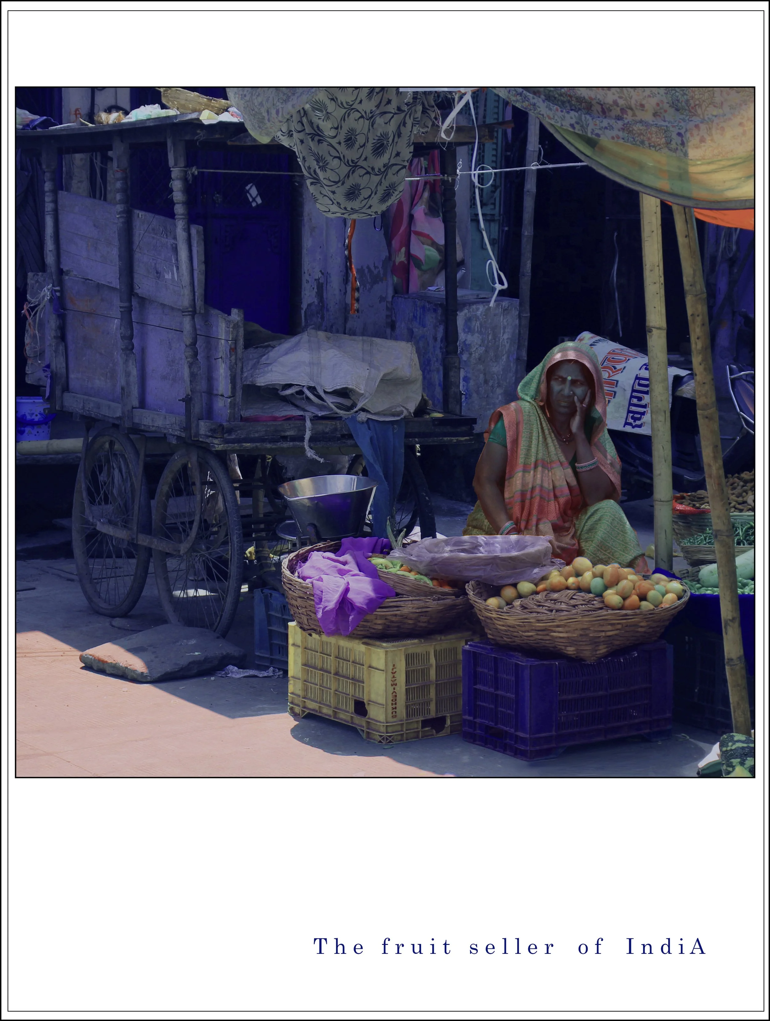 A woman selling fruit at an outdoor market stall in India. The stall has baskets of peaches and other produce, with a wooden cart and crates visible. The woman is wearing a traditional sari and sitting among her goods, under a makeshift canopy. There are clothes hanging from a line above and fabric draped over the stall.