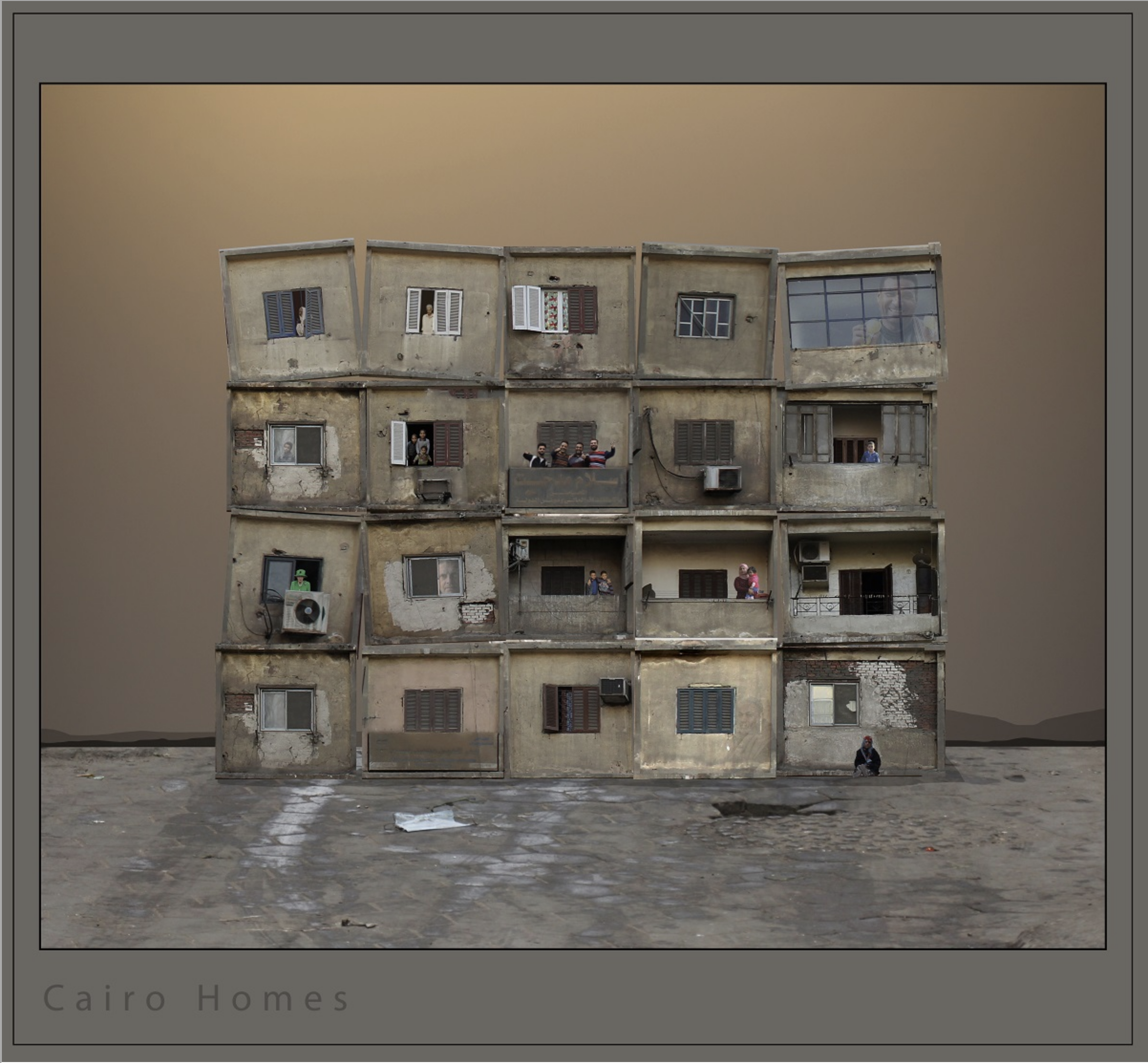 A multi-story building with a weathered concrete facade, several windows with open shutters, and people looking out from some of the windows. The building is placed in front of a plain, muted background and a paved lot with scattered papers, a man sitting on the ground, and some individuals in front of the building.