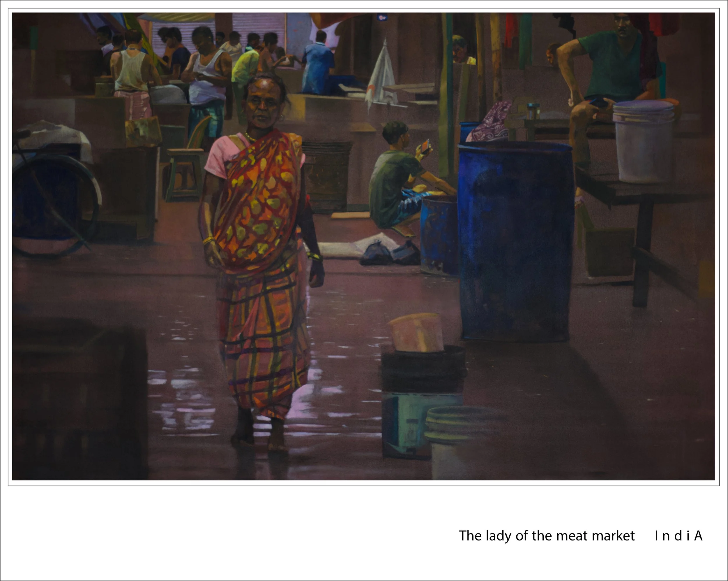 A woman wearing a traditional sari with a colorful pattern stands in a crowded meat market. Several people are engaged in various activities in the background, some are looking at their mobile phones, and others are buying or selling. The setting appears to be indoors with a rustic, lively atmosphere.
