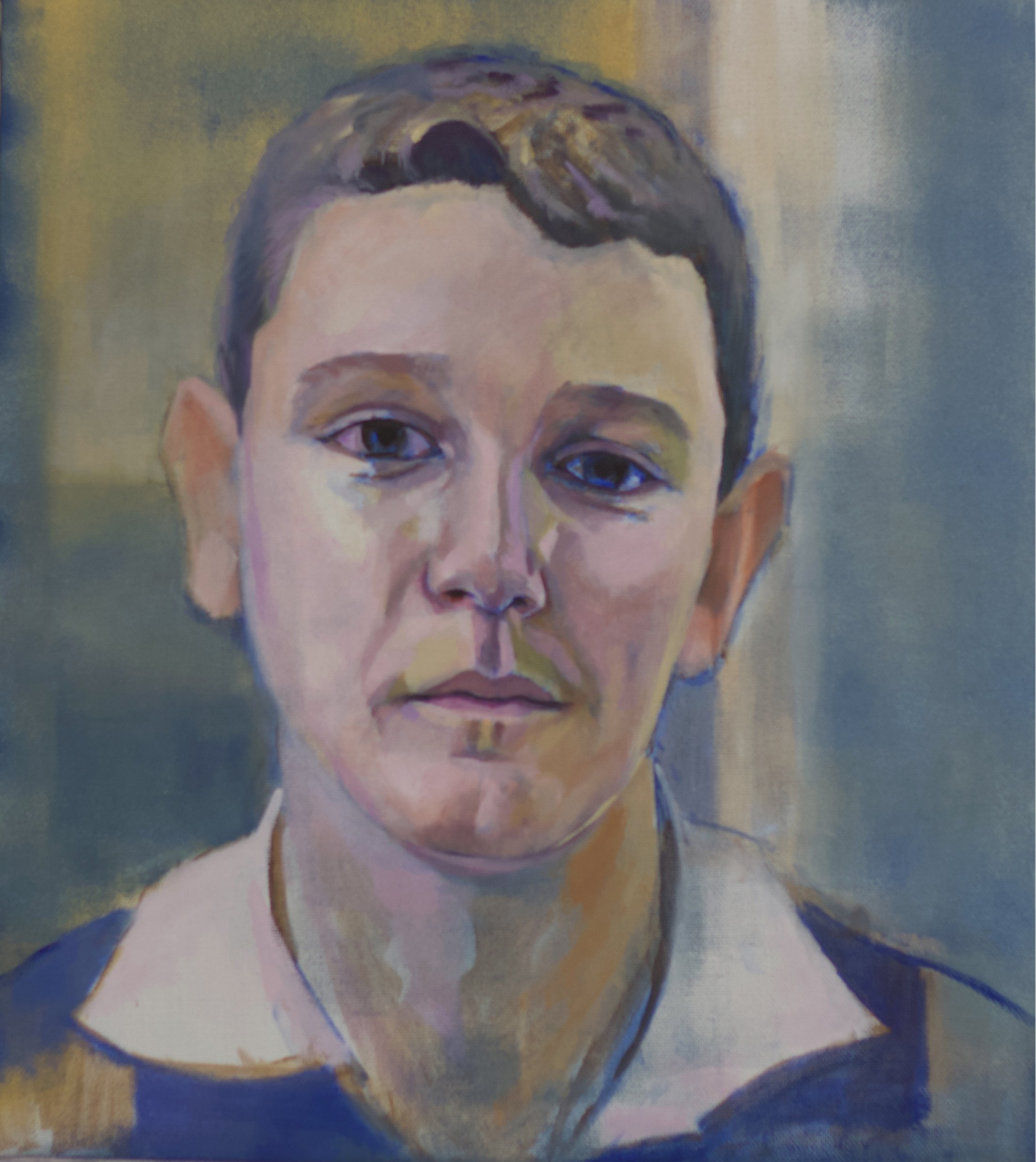 A colorful oil painting portrait of a young boy with short brown hair, wearing a collared shirt and smiling faintly.