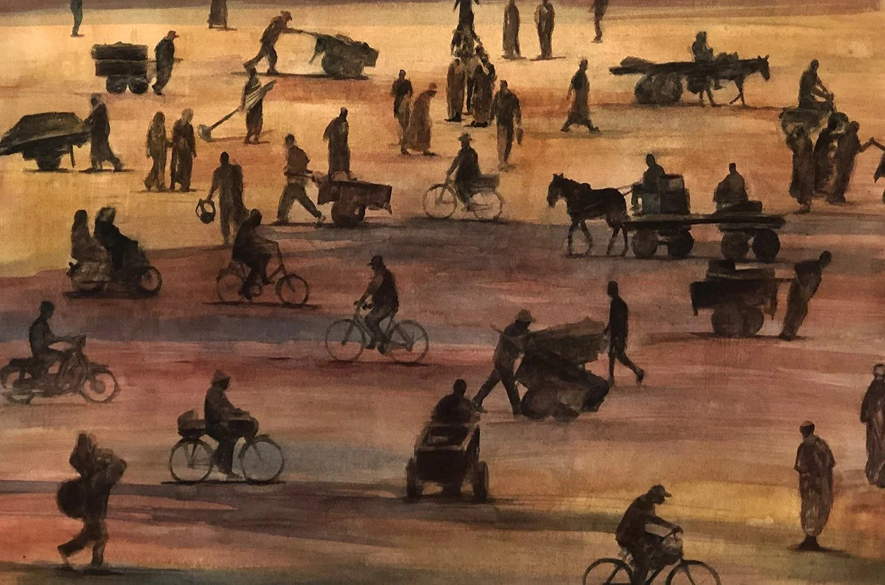 Painting of a busy street scene with people walking, riding bicycles, driving carts, and pushing carts at sunset or sunrise.