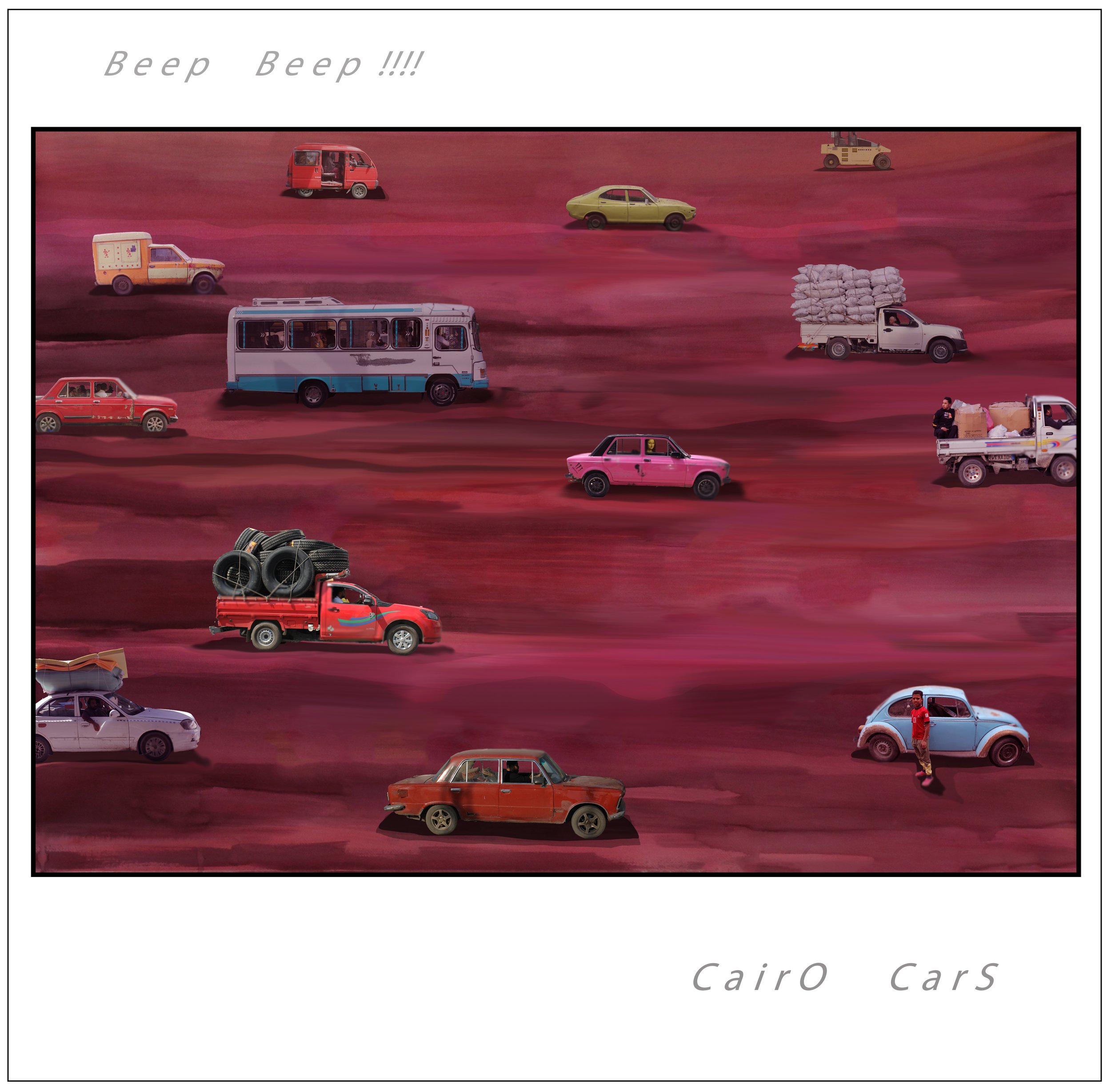Multiple vehicles, including cars, trucks, and buses, driving on a pink-hued desert landscape. Some vehicles have cargo, and a person stands beside one of the vehicles. The text on the image reads "Cairo Cars" and "Beep Beep!!!!".