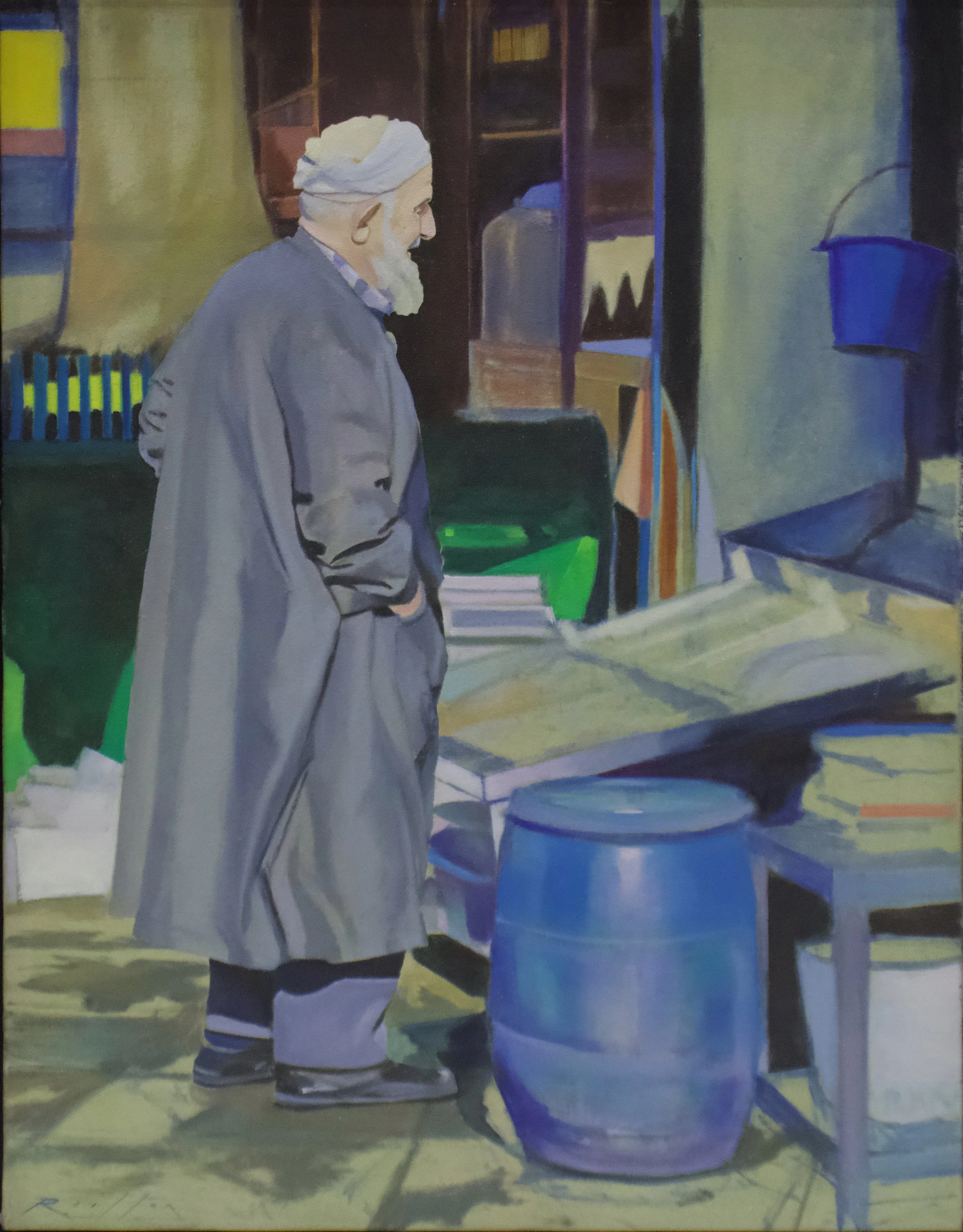 Painting of an elderly Turkish man with white hair and beard, wearing a grey coat, standing behind blue barrels in an outdoor setting with a yellow wall and wooden furniture. he is buying some fish for his dinner.
