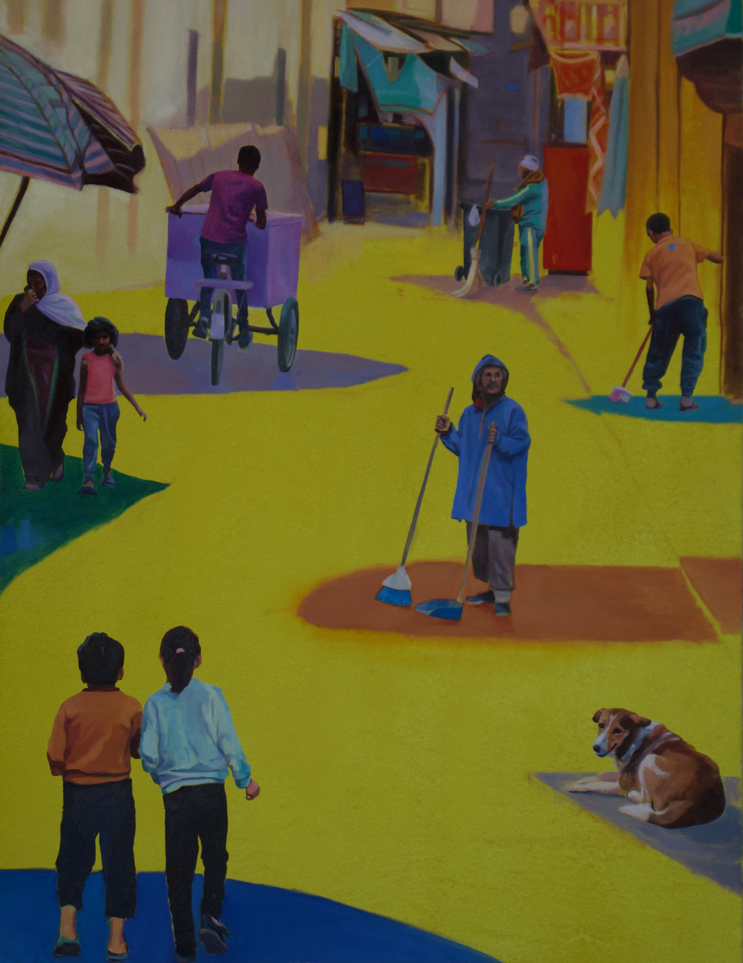 A colorful painting depicts a lively street scene with people walking, children playing, a man sweeping, a woman and child walking, and a girl riding a bicycle with a box on the back. The street is vibrant with bright yellow, blue, and other vivid colors.