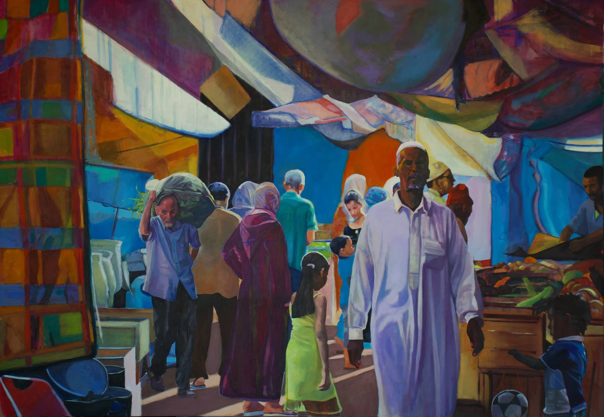 A colorful painting of a busy market scene with people shopping and vendors selling goods under a large, vibrant canopy.