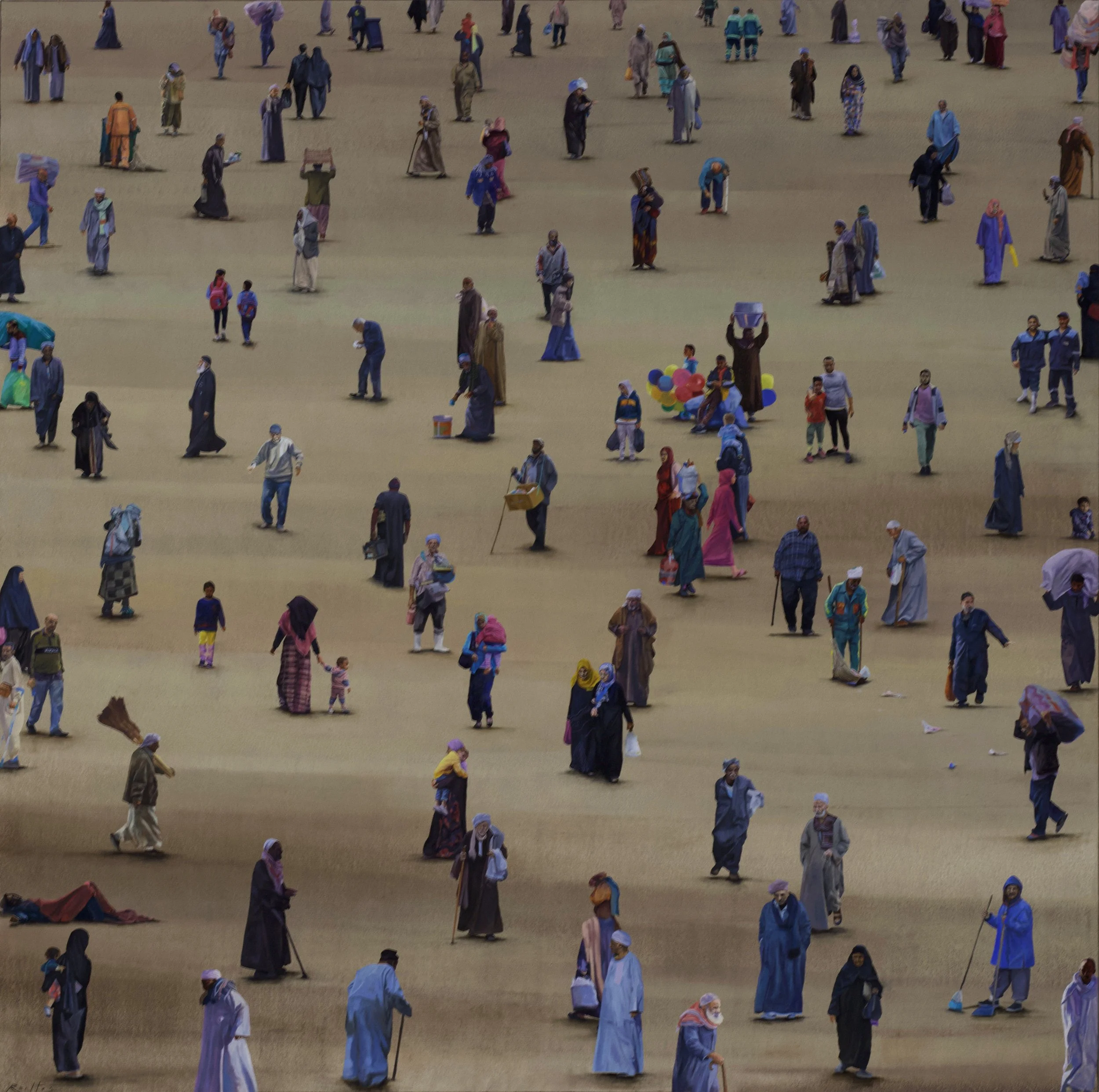 A large group of people gathered in an open outdoor space, many wearing traditional clothing and head coverings, with some carrying bags, baskets, and balloons.