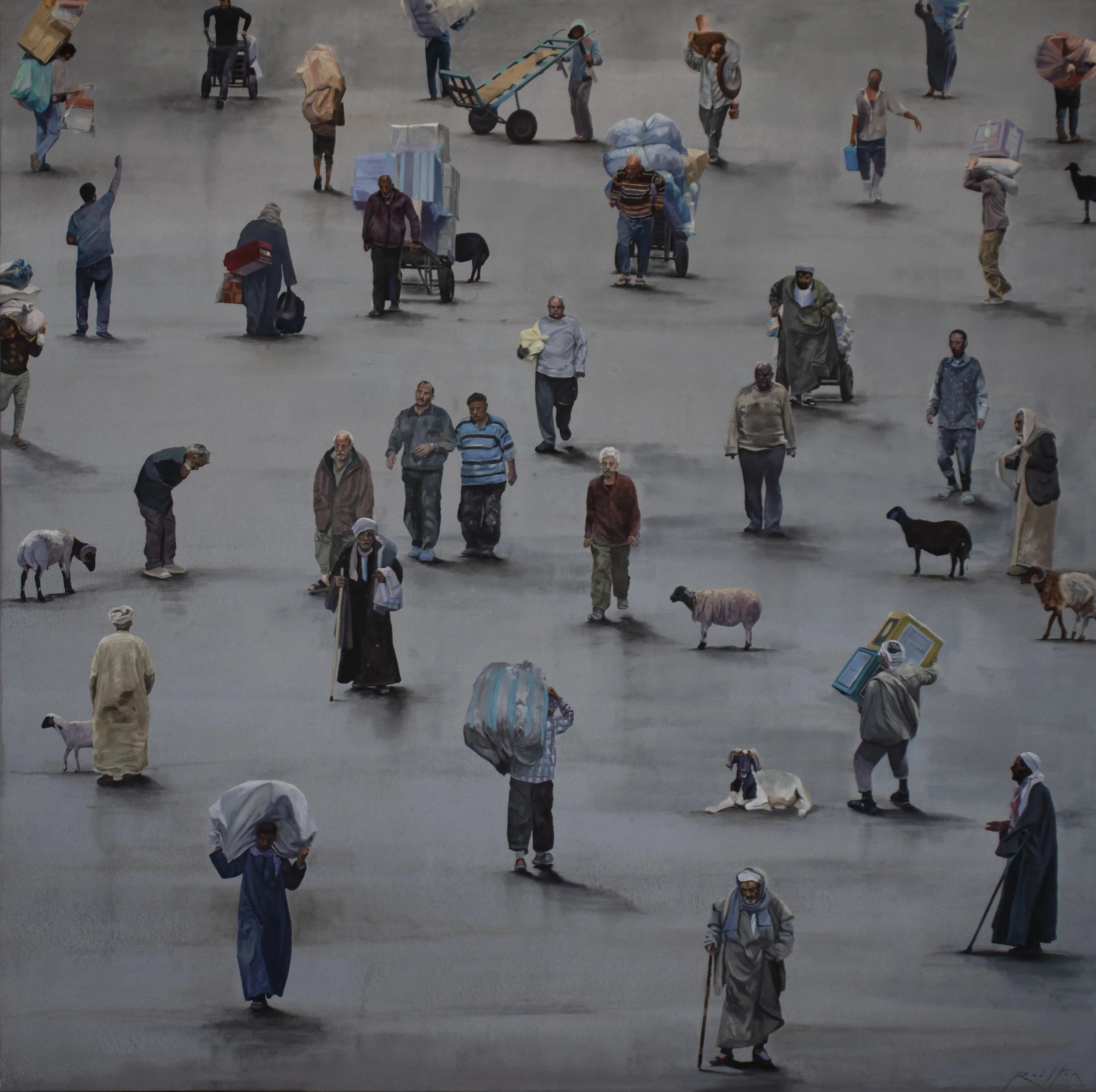 A large group of people gathered outdoors, walking and carrying bags, luggage, or animals, with a few riding bikes or carts on a blank, gray surface.