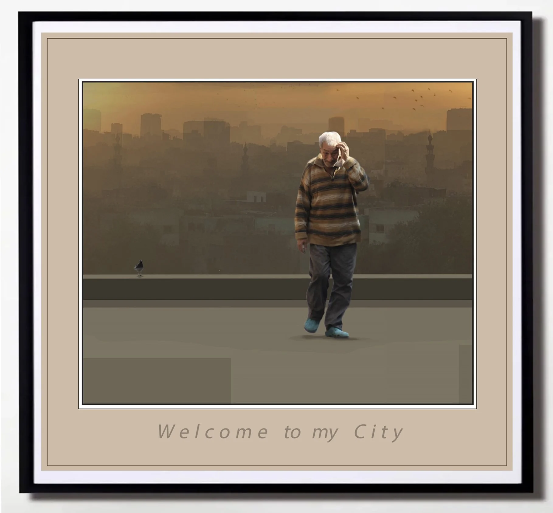 A framed picture of a cityscape at sunset with a man talking on his cellphone in the foreground and a bird on the ground. The frame has the words "Welcome to my City" written on it.