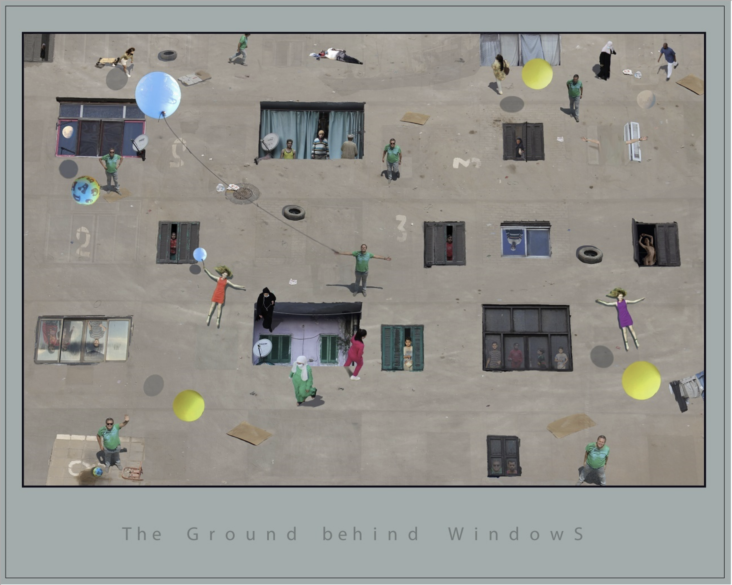 A bird's eye view of a rooftop with various people, balloons, and scattered objects. Some individuals are standing or sitting, and others are lying down. There are windows, tires, and satellite dishes on the rooftop.