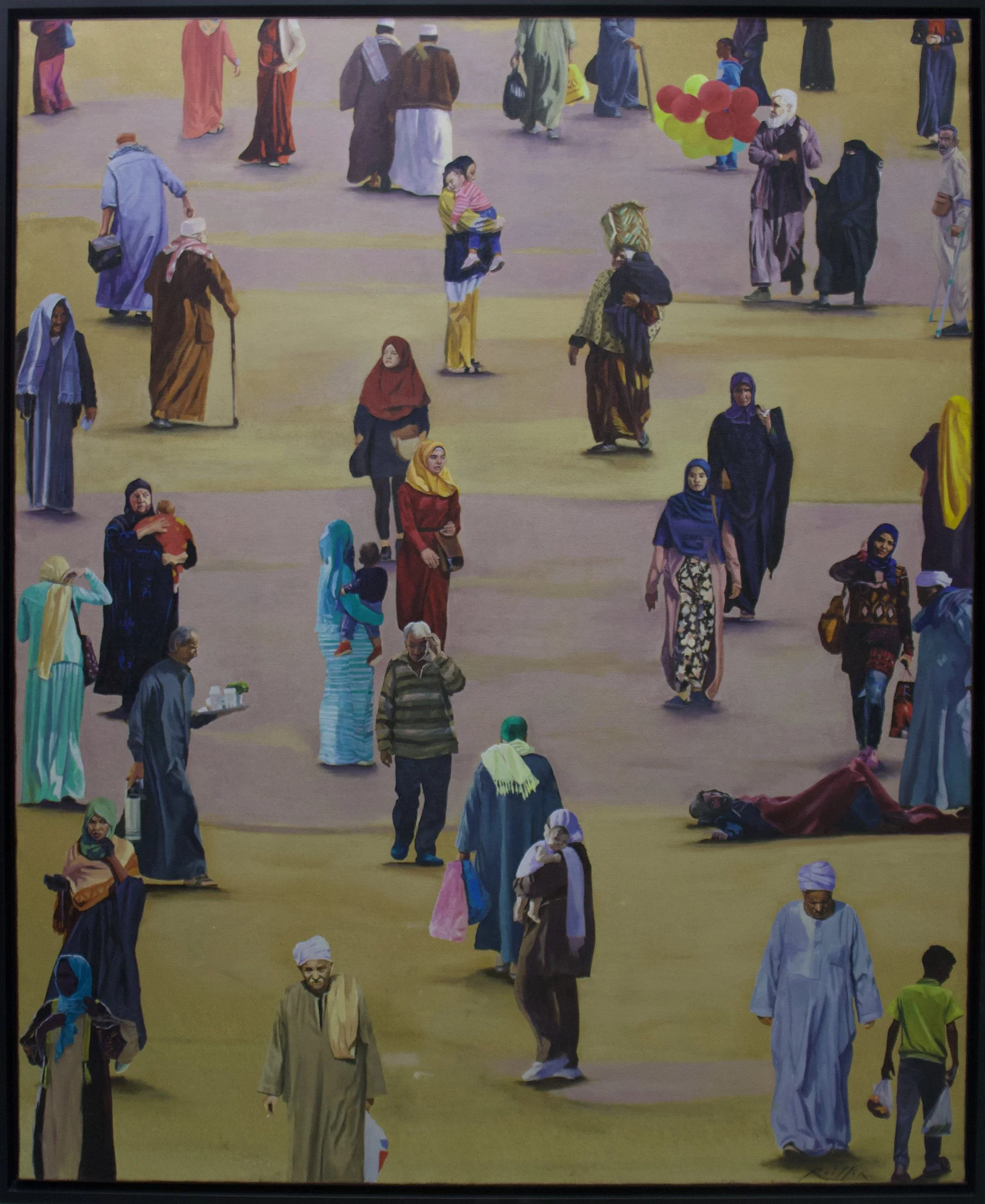 Painting of a crowded marketplace scene with many people, mostly wearing traditional clothing, walking and standing on a yellow ground with pinkish pathways.