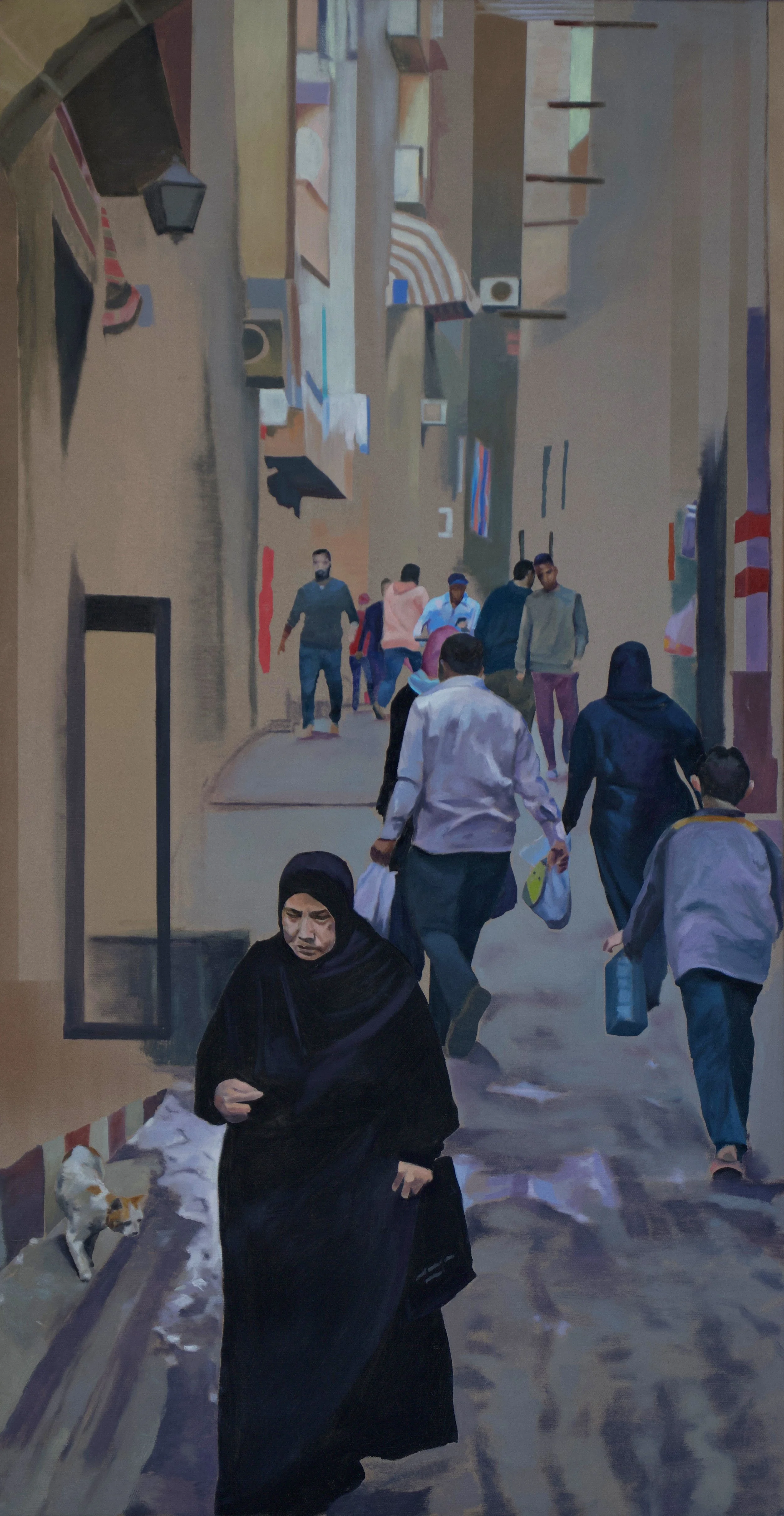 Street scene with people walking, some carrying shopping bags, a woman in a black coat and headscarf in foreground, a cat nearby, buildings with colorful decorations and awnings, and a mix of individuals in casual attire.