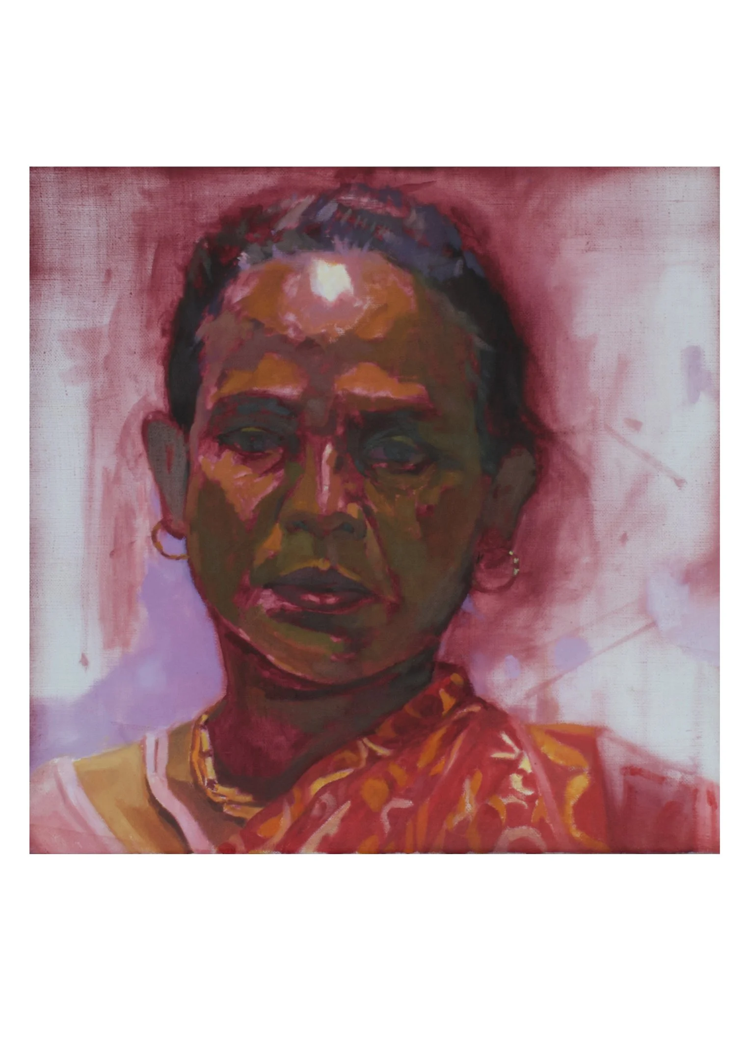 Portrait of an Indian  woman with dark hair, wearing earrings and a patterned clothing, painted in bold, vibrant colors with a pink background.