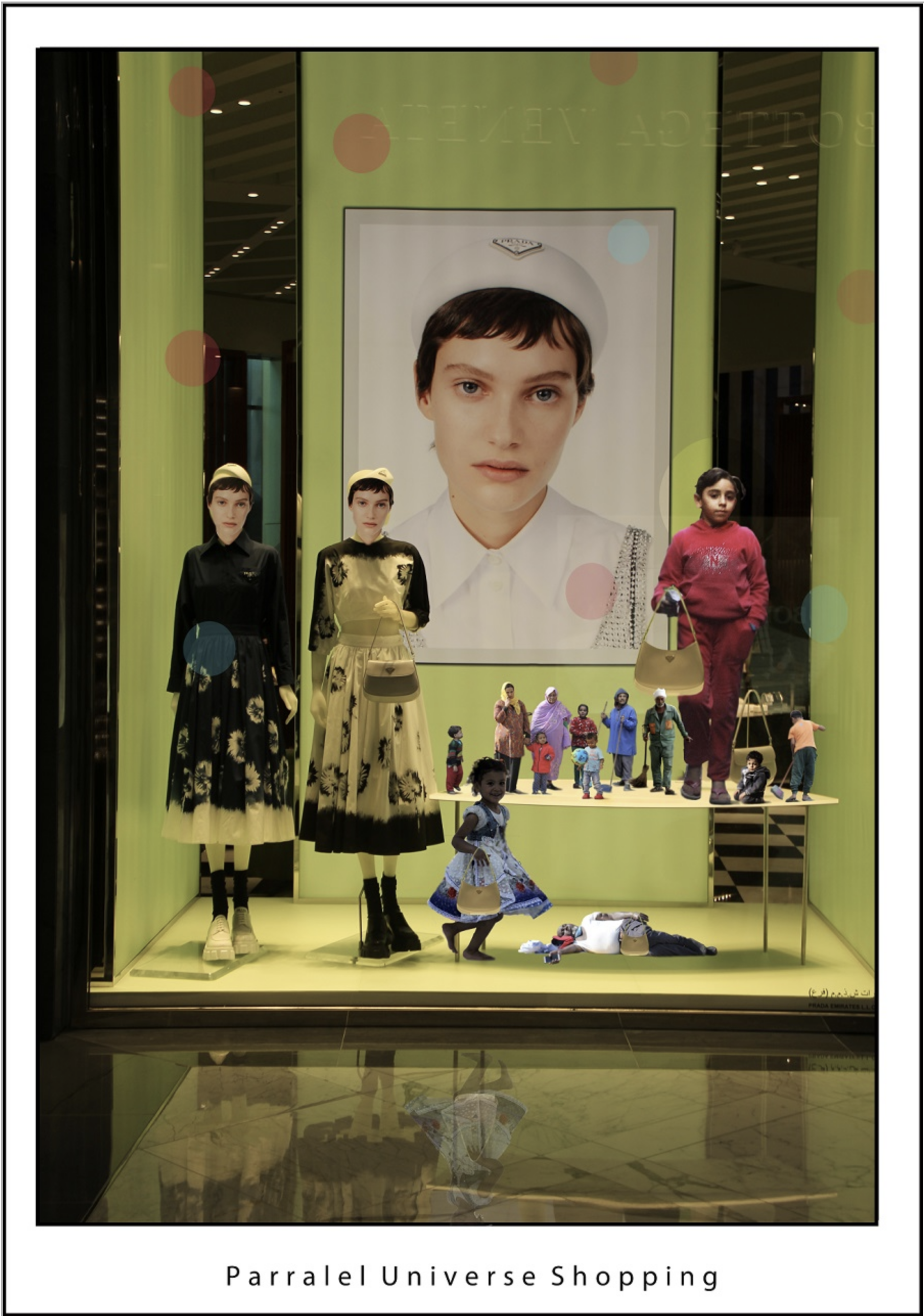 Display window for Parellel Universe Shopping featuring mannequins dressed in fashionable clothing, including floral and solid-colored dresses, with a large poster of a woman with short dark hair and a white hat in the background, and a miniature scene of people in colorful clothing at the bottom.