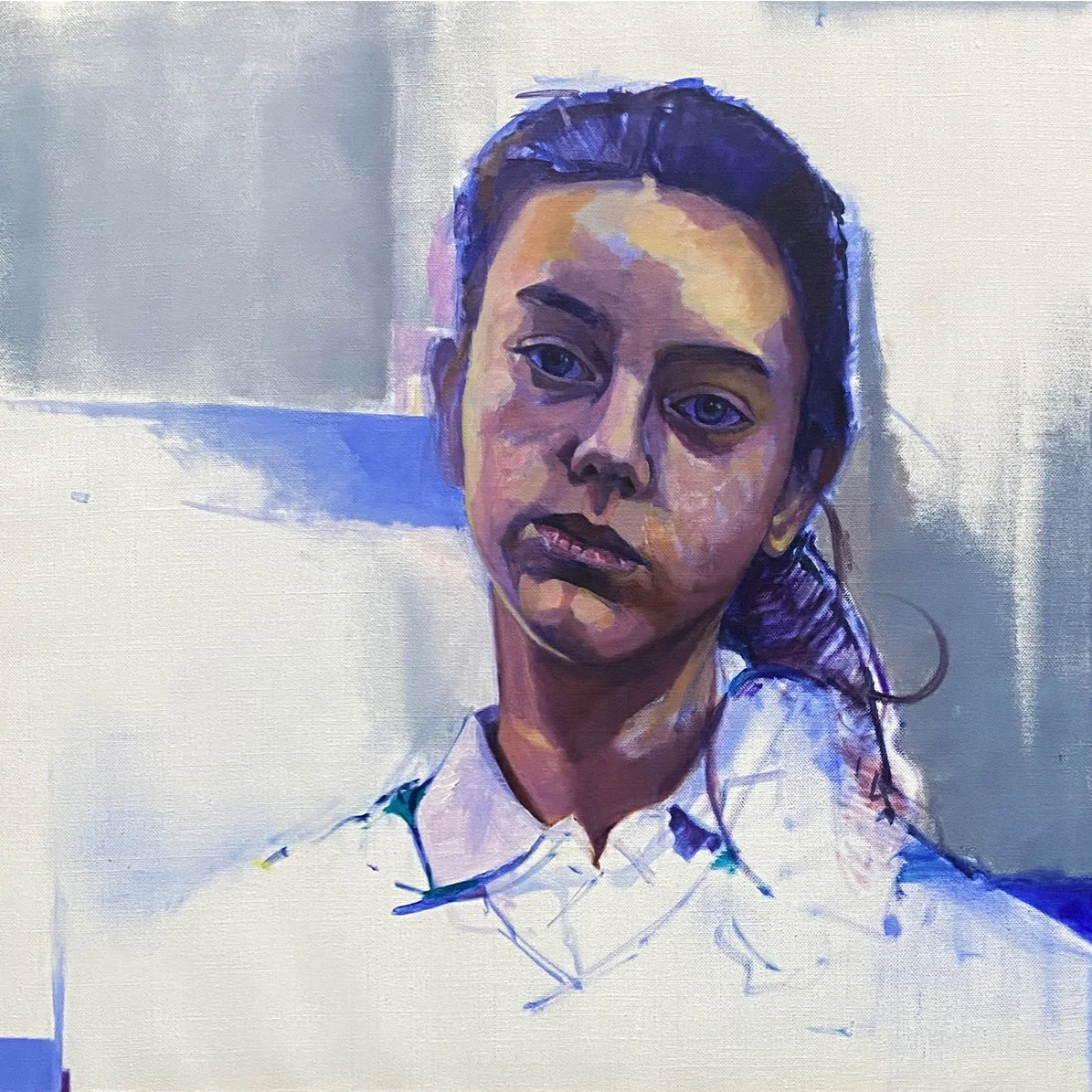 A painting of a young girl with dark hair in a ponytail, wearing a collared white shirt, against a simple background with shades of blue and gray.